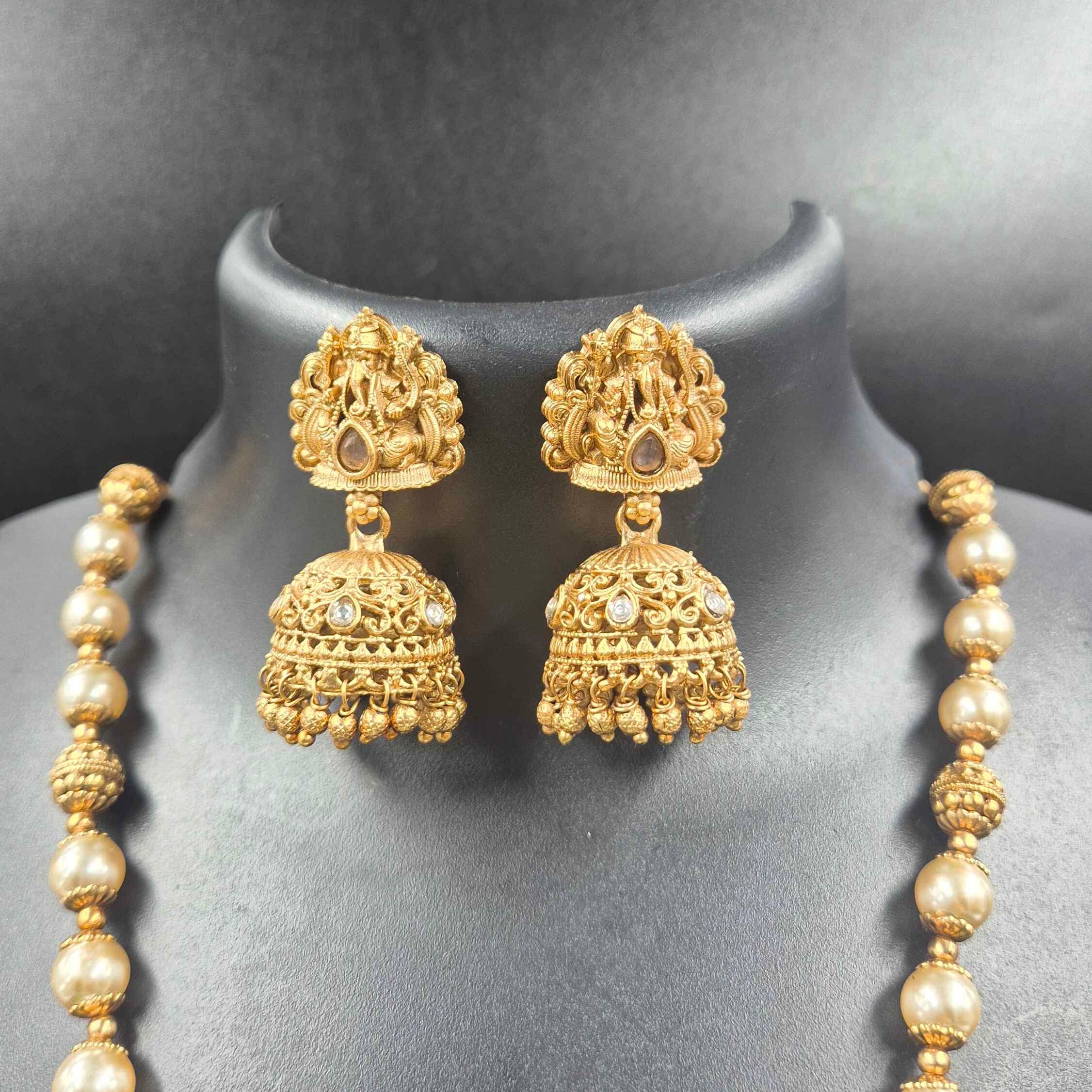 Antique Gold Ganesha Pearl Haram Necklace Set with Jhumkas