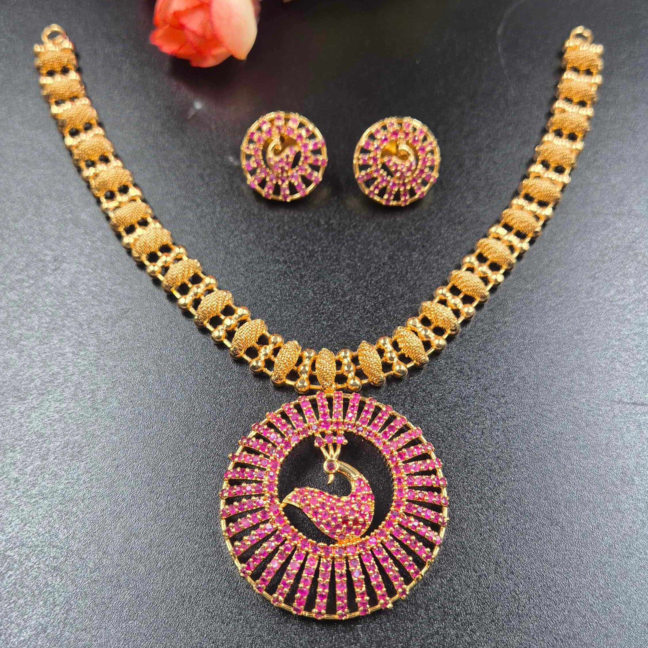 Pink Peacock Pendant Necklace Set | Gold Finish CZ Party Wear Jewellery