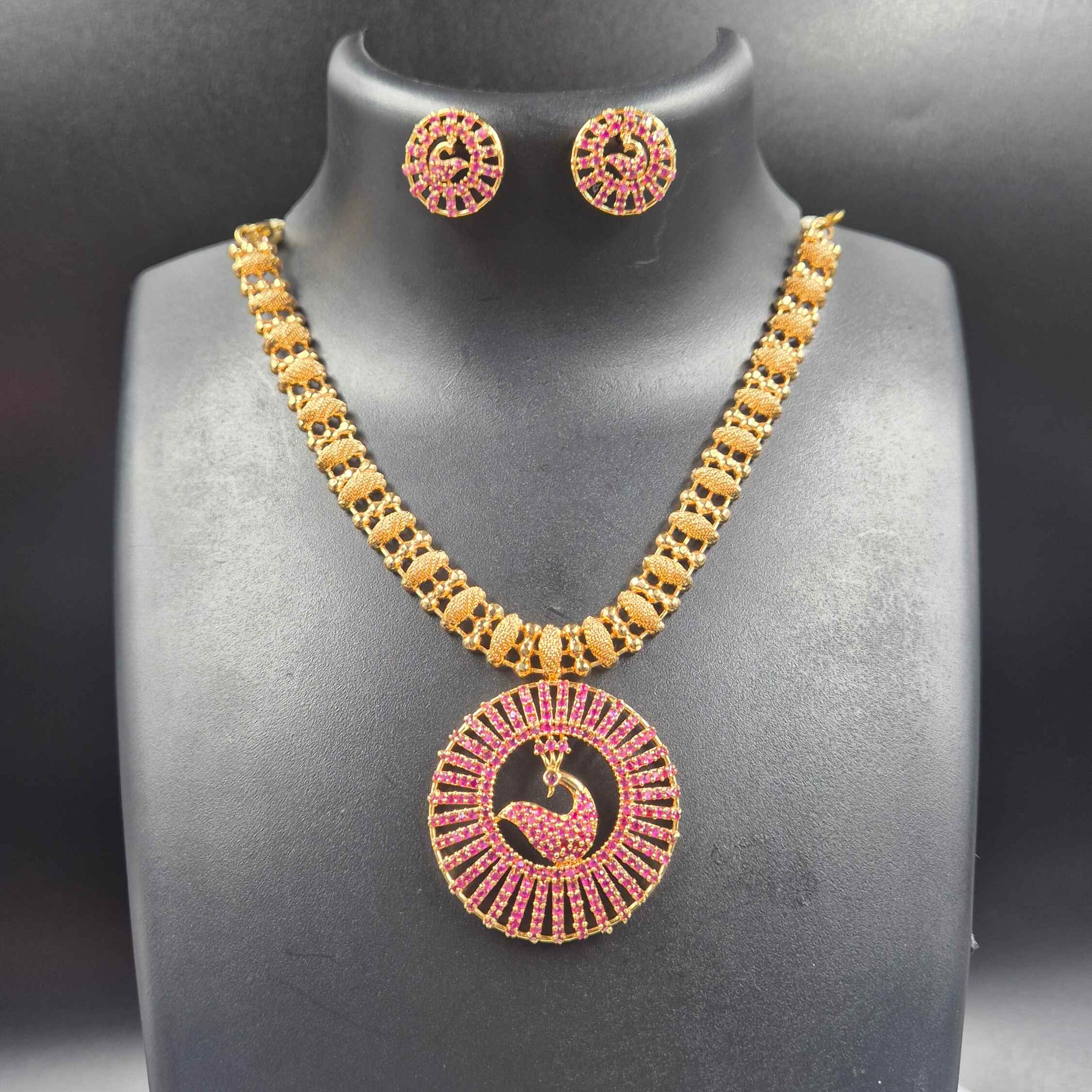 Pink Peacock Pendant Necklace Set | Gold Finish CZ Party Wear Jewellery