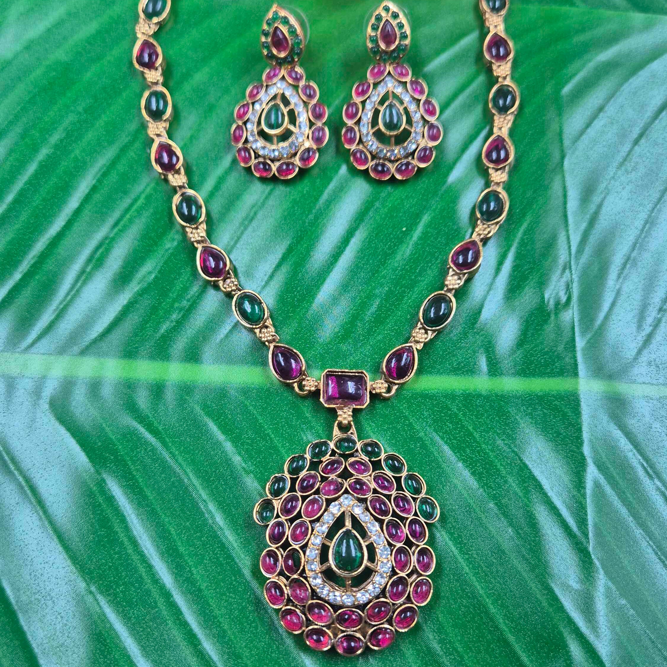 Ruby Green Stone Pendant Necklace Set | Traditional Gold Finish Ethnic Jewellery