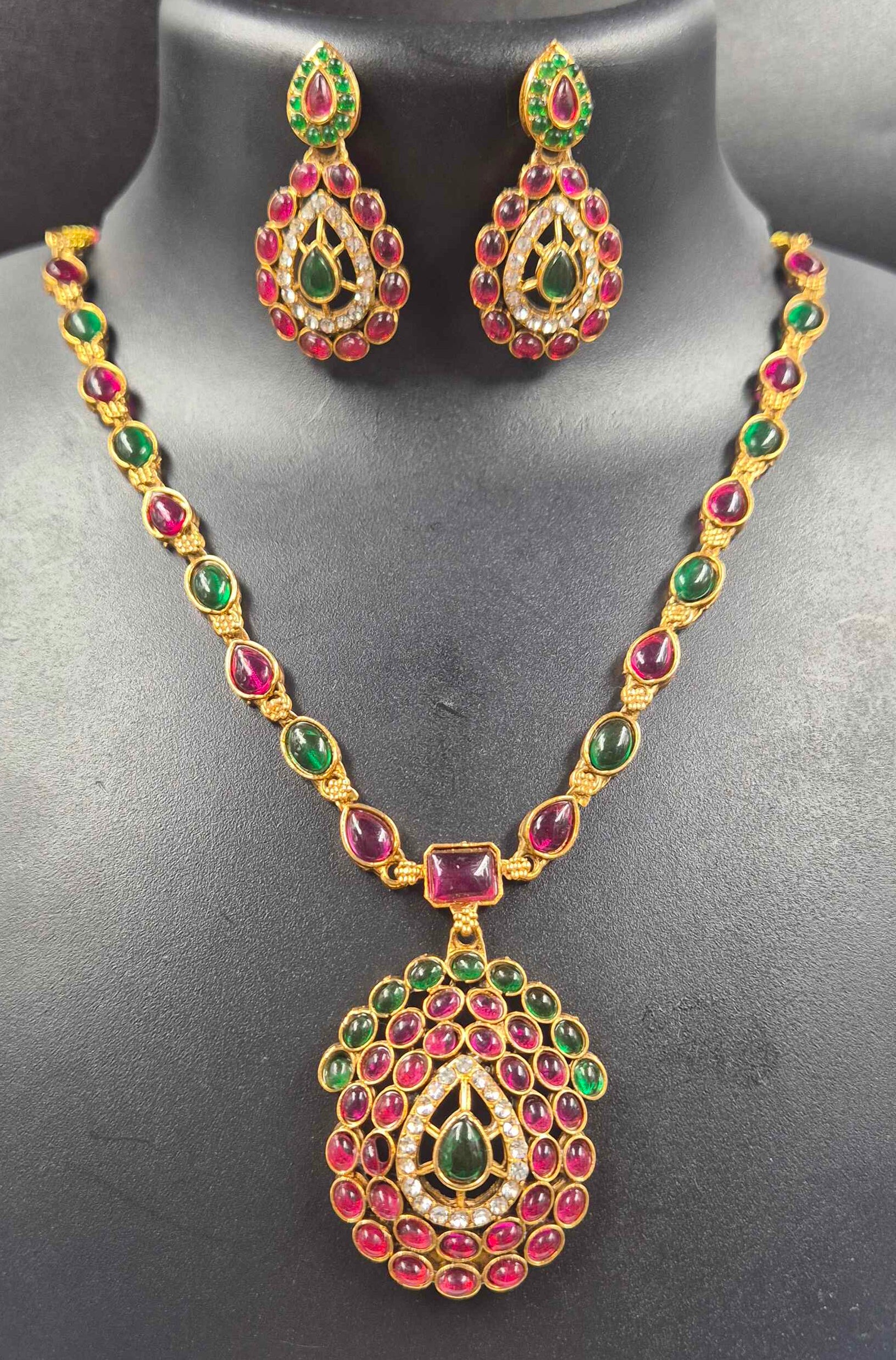 Ruby Green Stone Pendant Necklace Set | Traditional Gold Finish Ethnic Jewellery