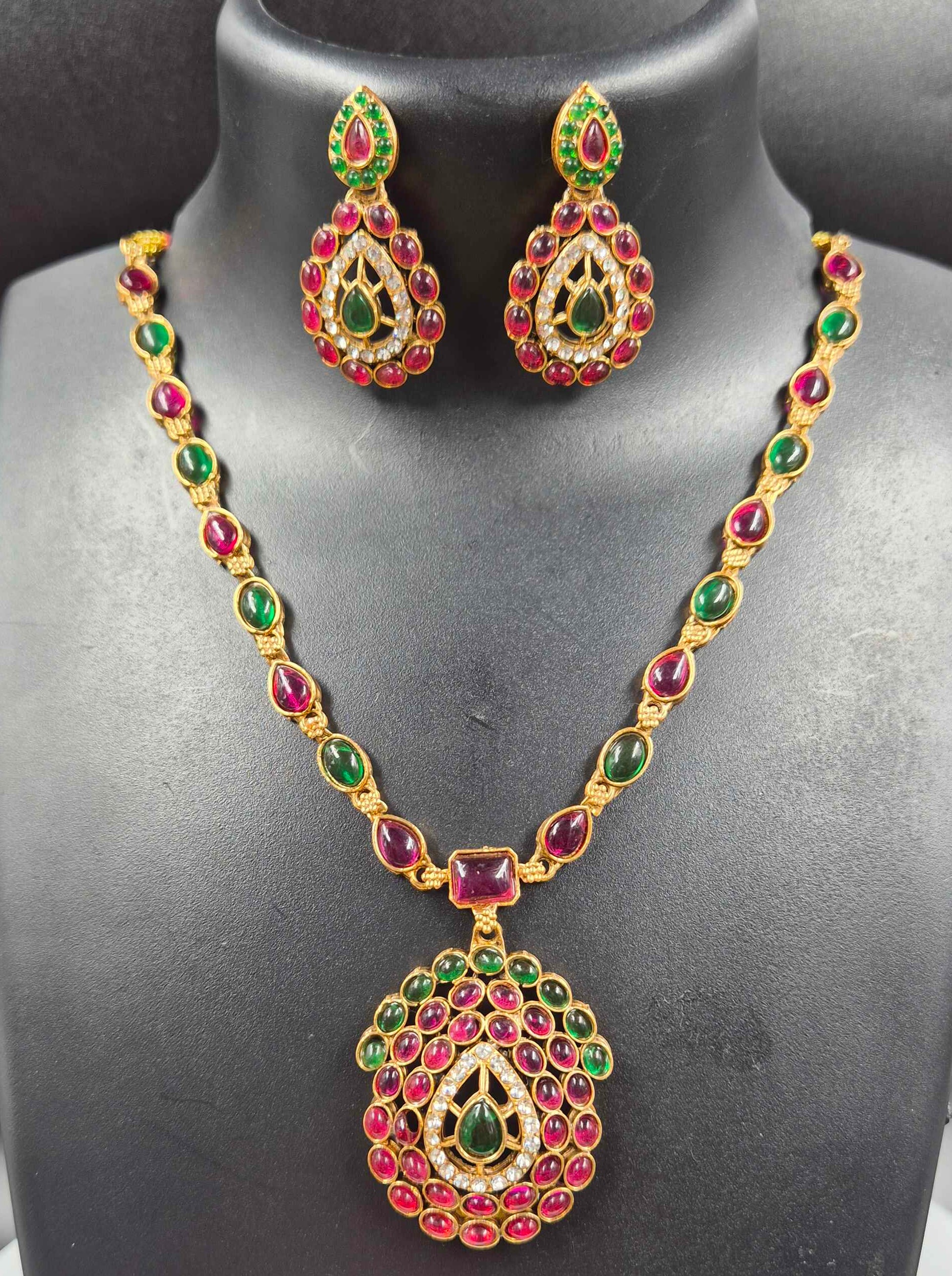 Ruby Green Stone Pendant Necklace Set | Traditional Gold Finish Ethnic Jewellery