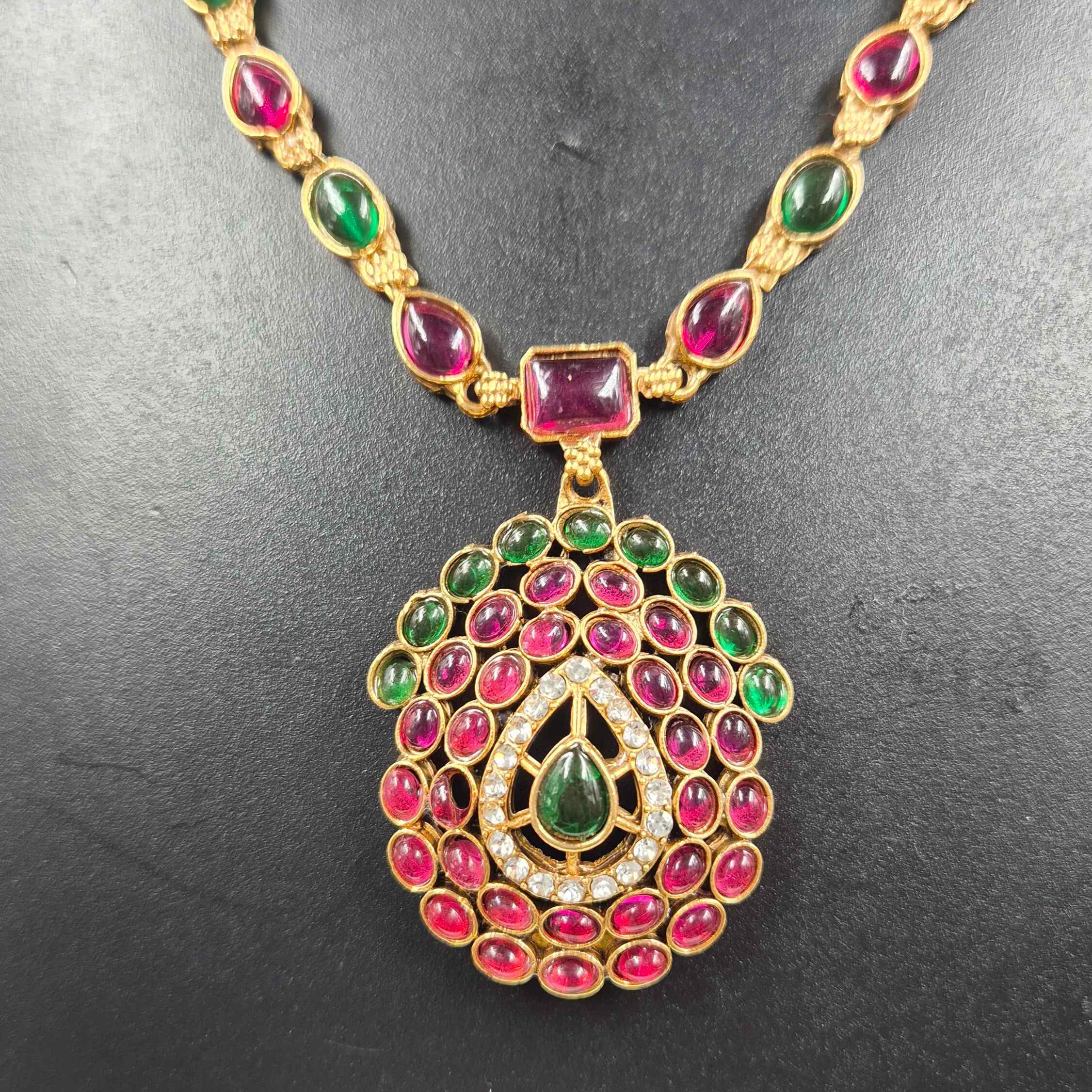 Ruby Green Stone Pendant Necklace Set | Traditional Gold Finish Ethnic Jewellery