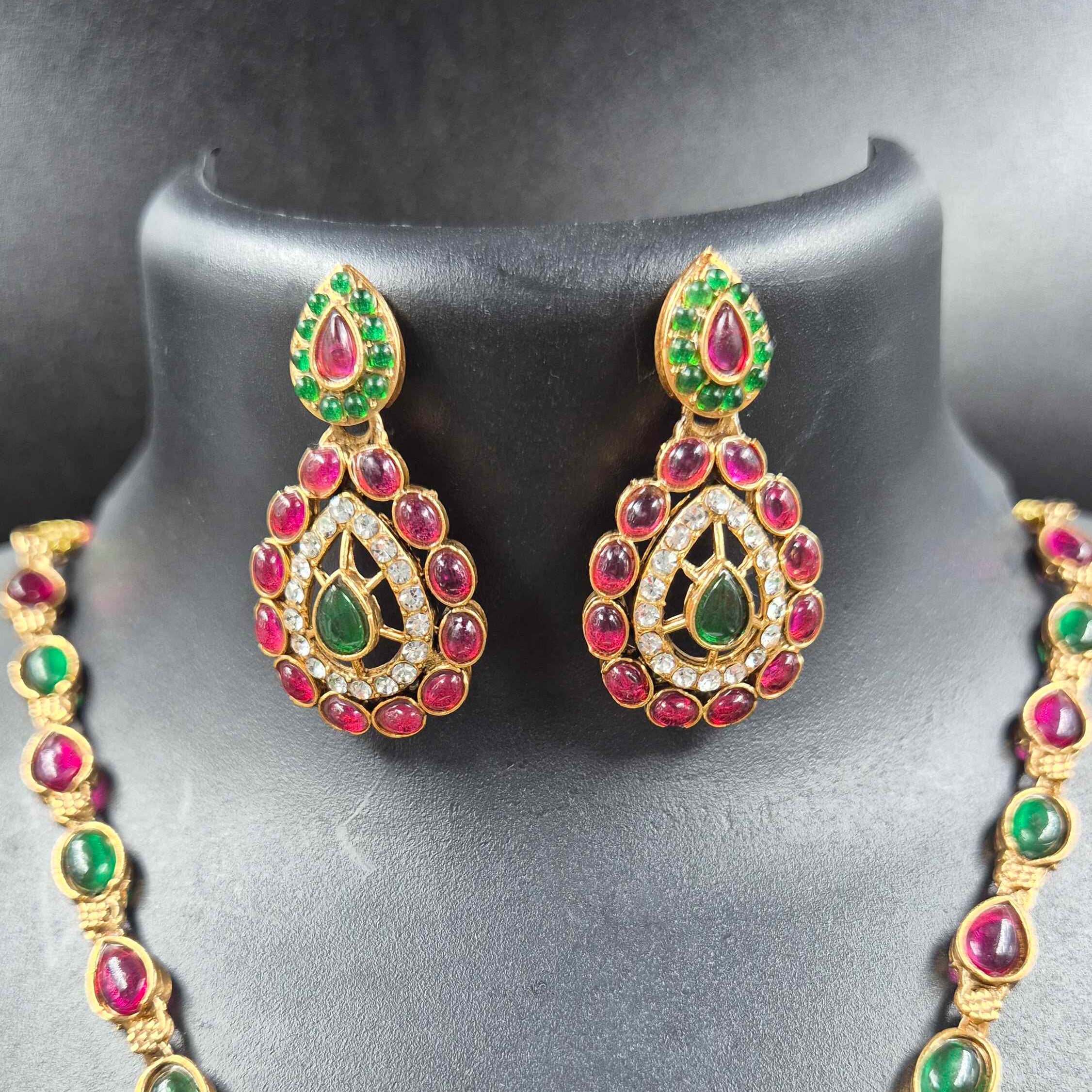 Ruby Green Stone Pendant Necklace Set | Traditional Gold Finish Ethnic Jewellery