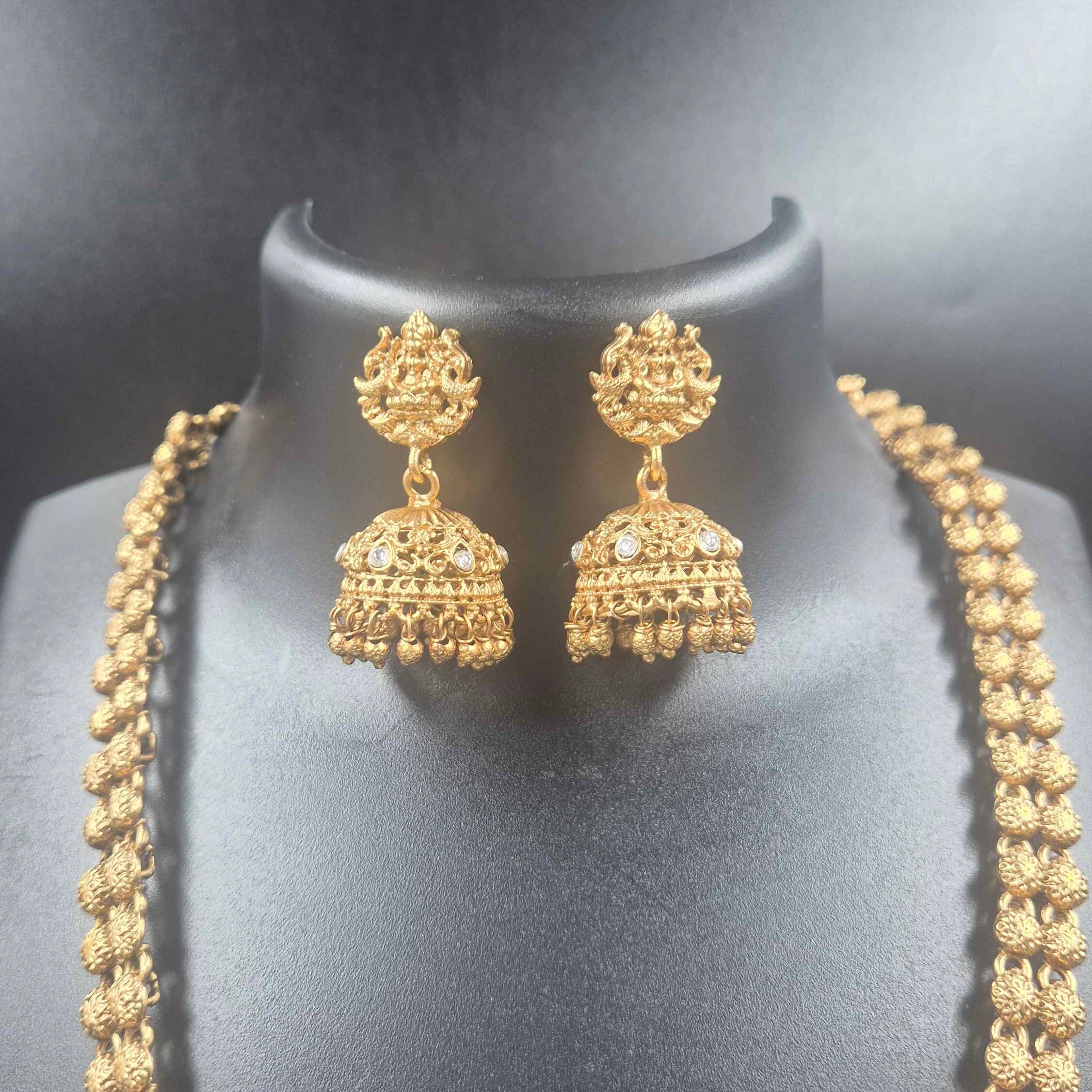 Temple Lakshmi Pendant Necklace Set with Green Stone & Jhumka Earrings | Antique Gold Finish
