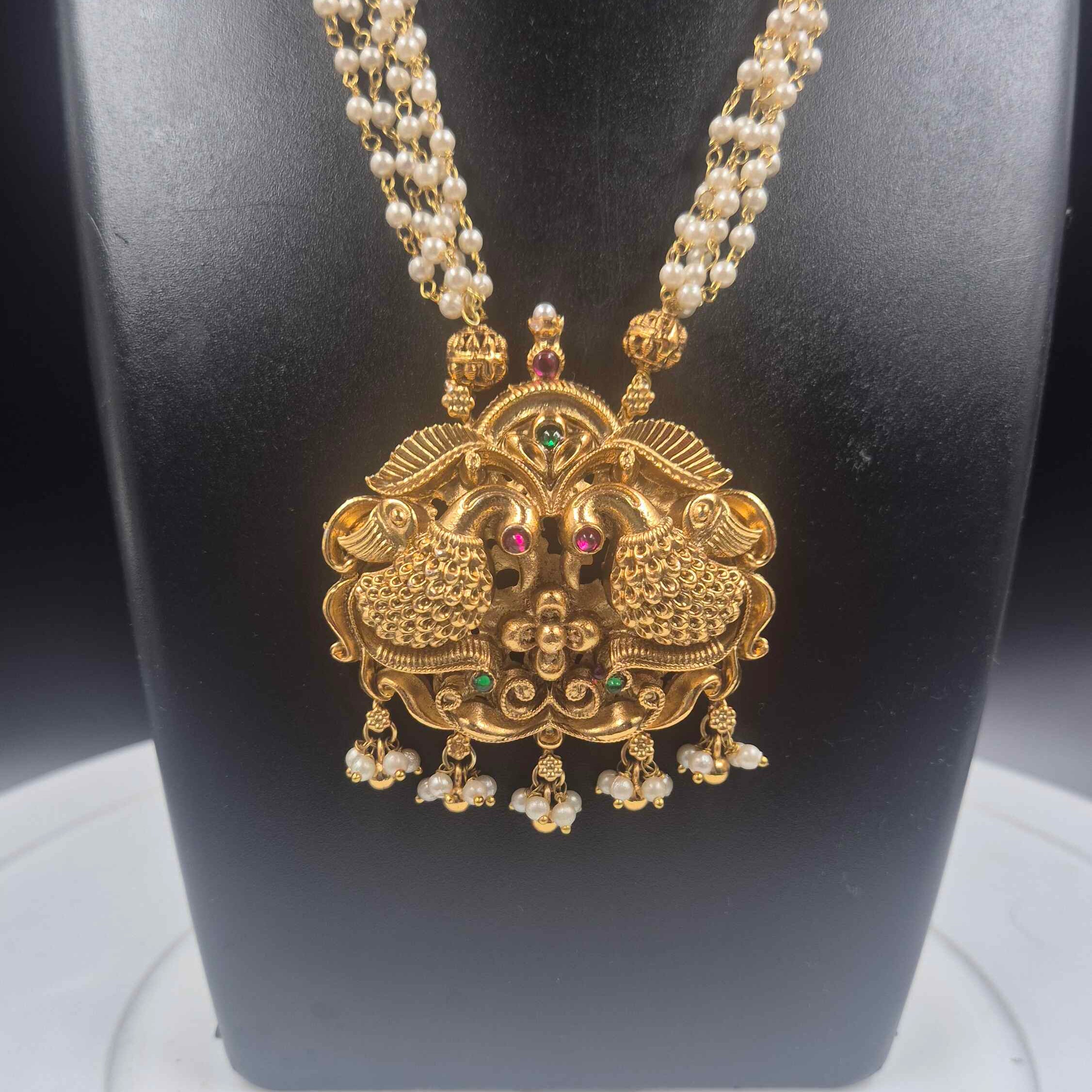 Lakshmi Pendant Long Haram Set with Pearl Drops | Antique Gold Finish Necklace & Stud Earrings