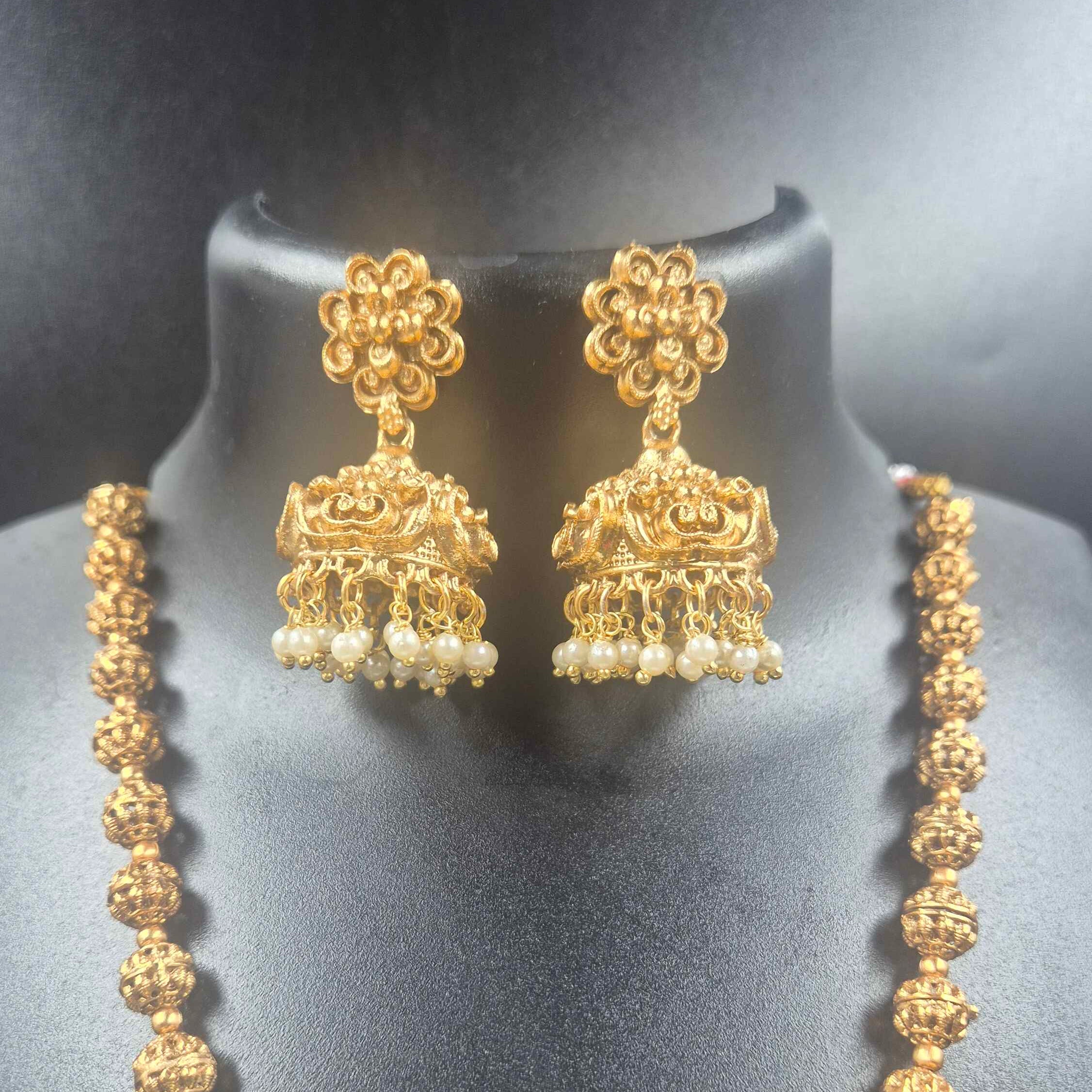 Lakshmi Pendant Long Haram Set with Pearl Drops | Antique Gold Finish Necklace & Stud Earrings