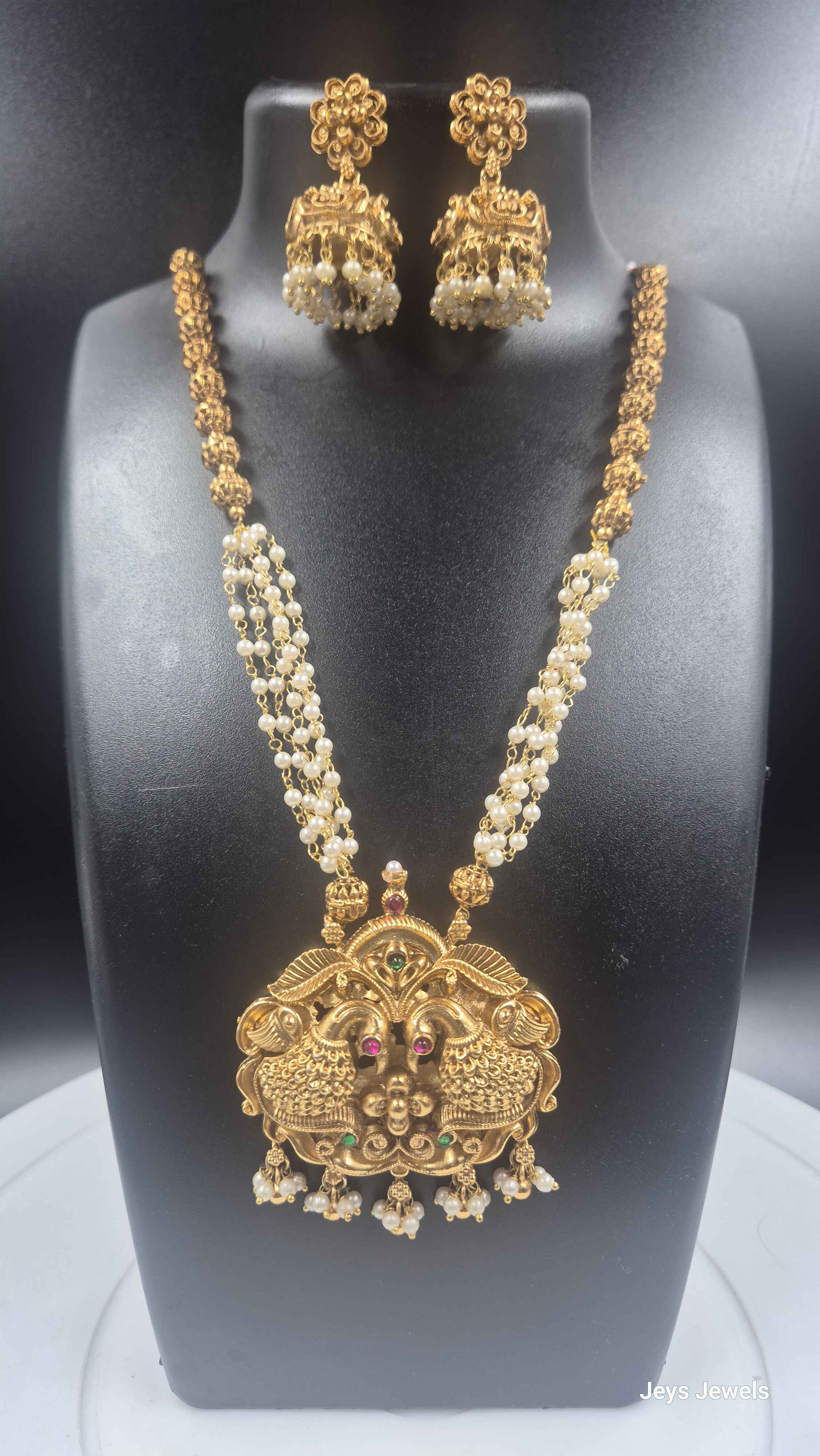 Lakshmi Pendant Long Haram Set with Pearl Drops | Antique Gold Finish Necklace & Stud Earrings