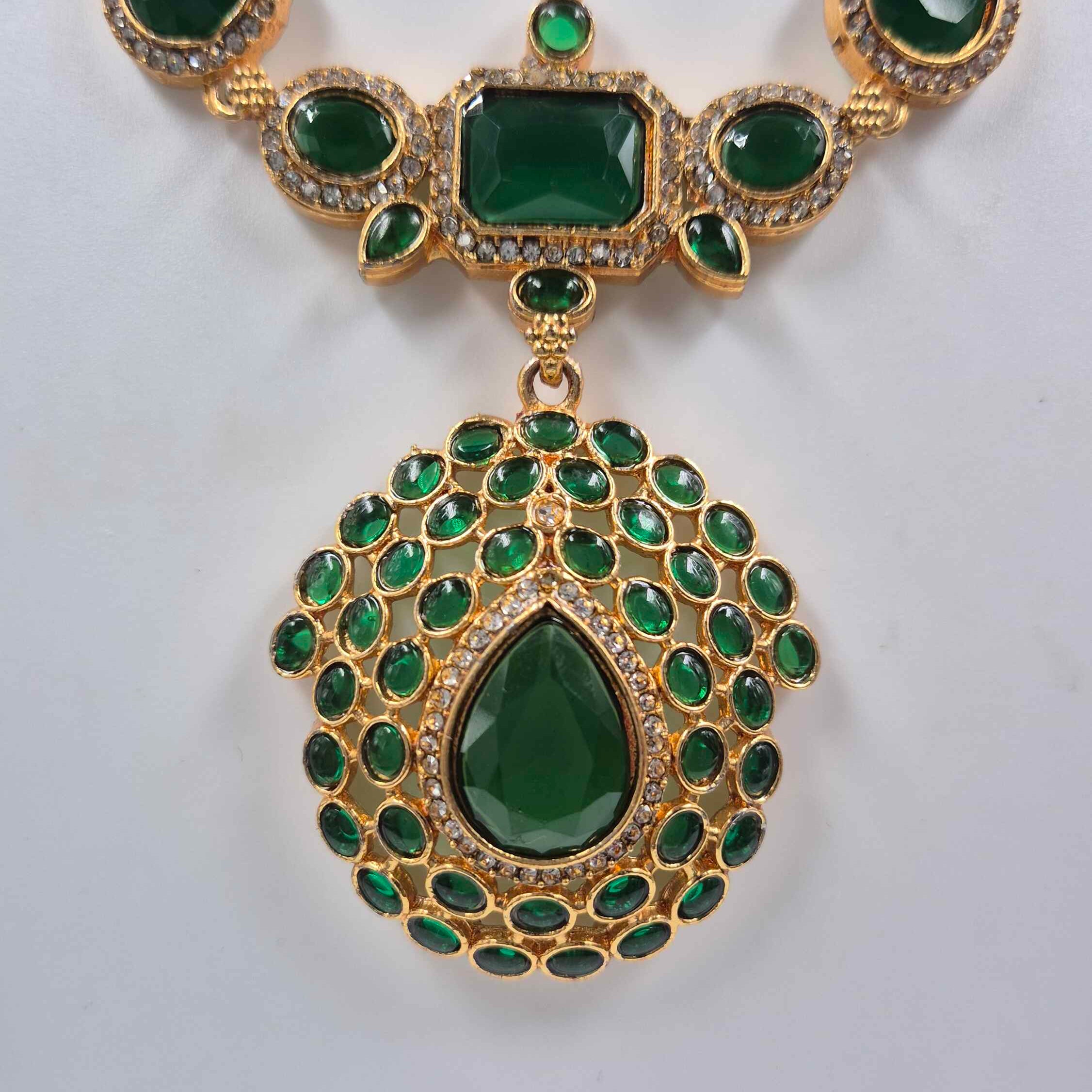 Emerald Green Teardrop Statement Necklace Set | Gold Finish Pendant Necklace with Matching Earrings