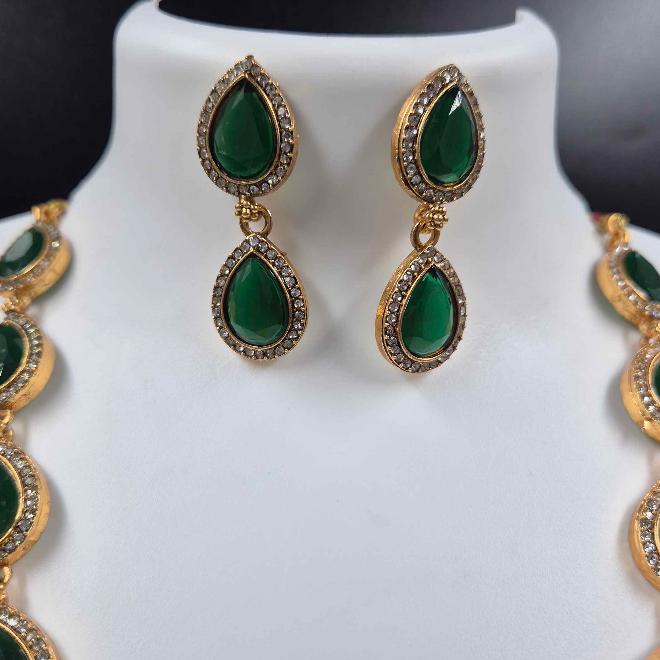 Emerald Green Teardrop Statement Necklace Set | Gold Finish Pendant Necklace with Matching Earrings
