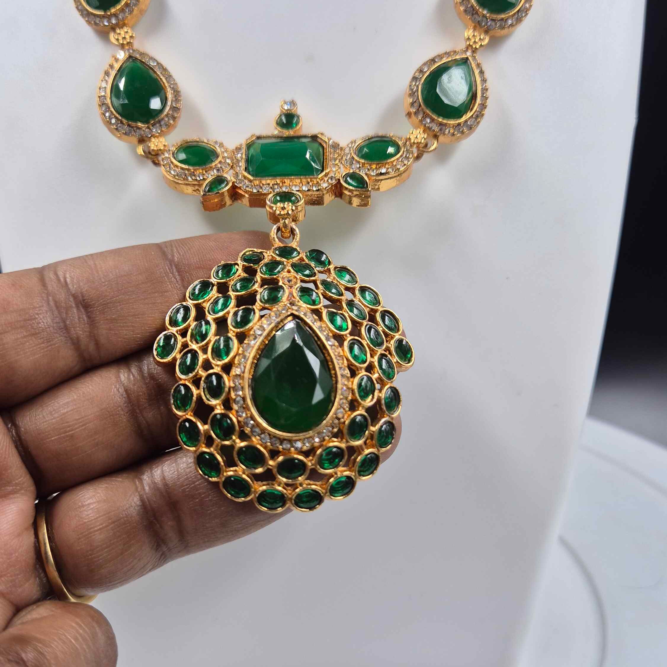 Emerald Green Teardrop Statement Necklace Set | Gold Finish Pendant Necklace with Matching Earrings