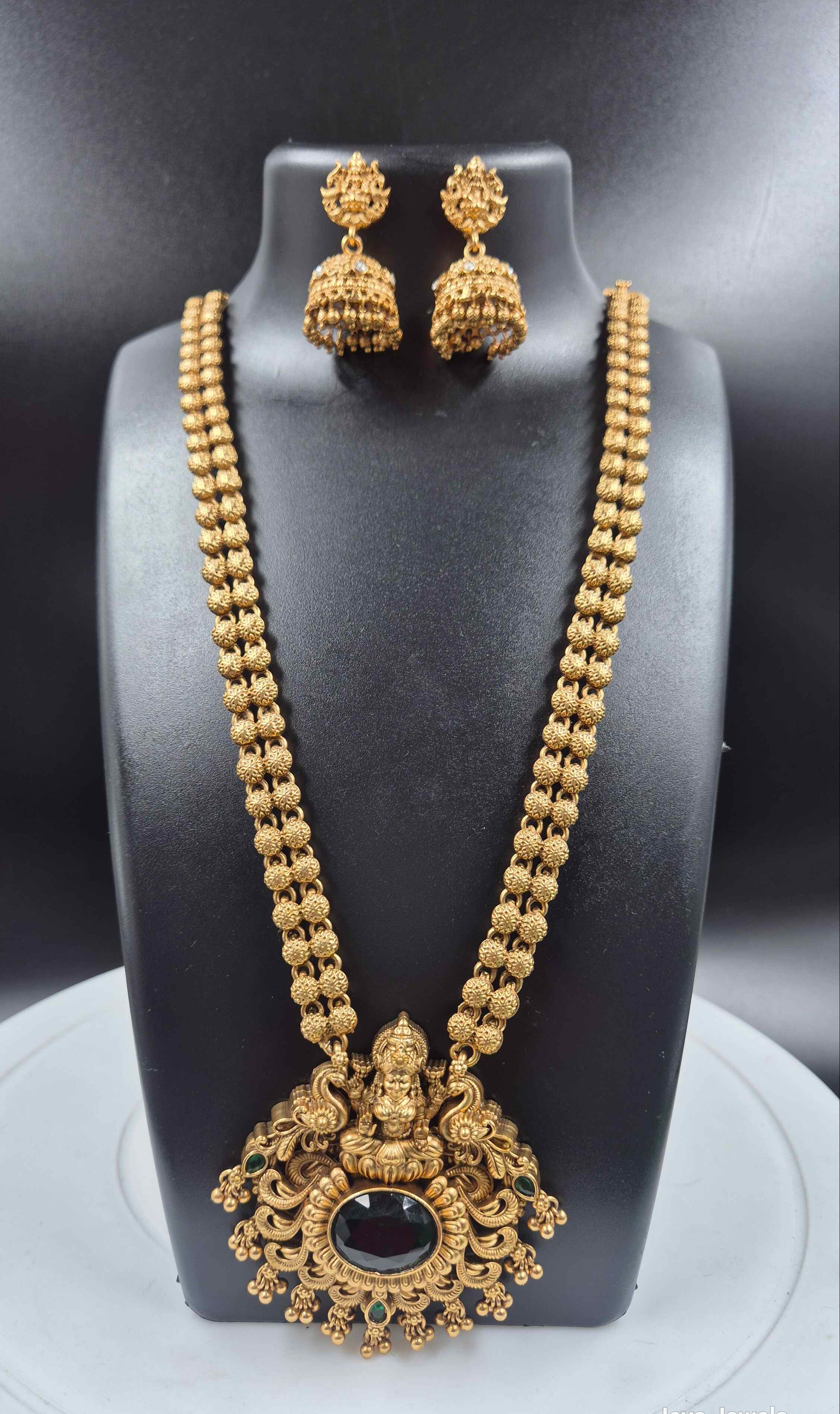Lakshmi Temple Long Haram with Green Stone Pendant | Traditional Necklace Set with Jhumka Earrings