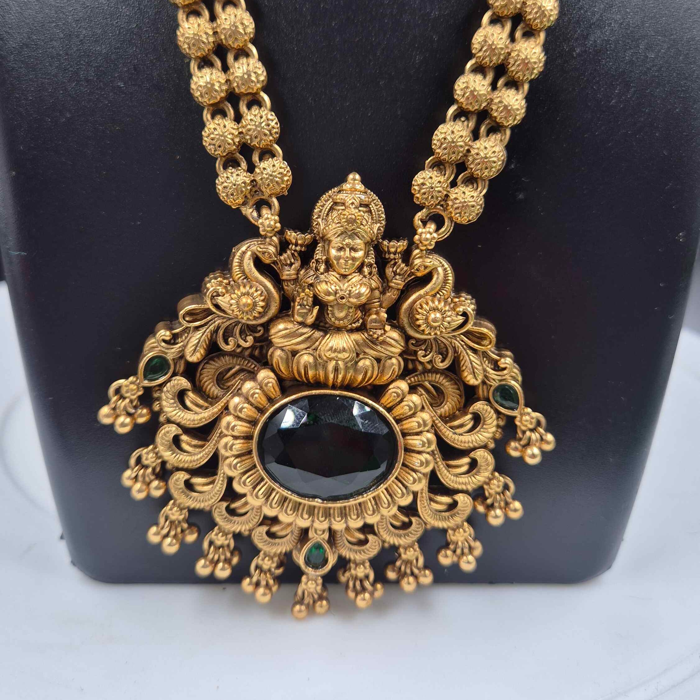 Lakshmi Temple Long Haram with Green Stone Pendant | Traditional Necklace Set with Jhumka Earrings