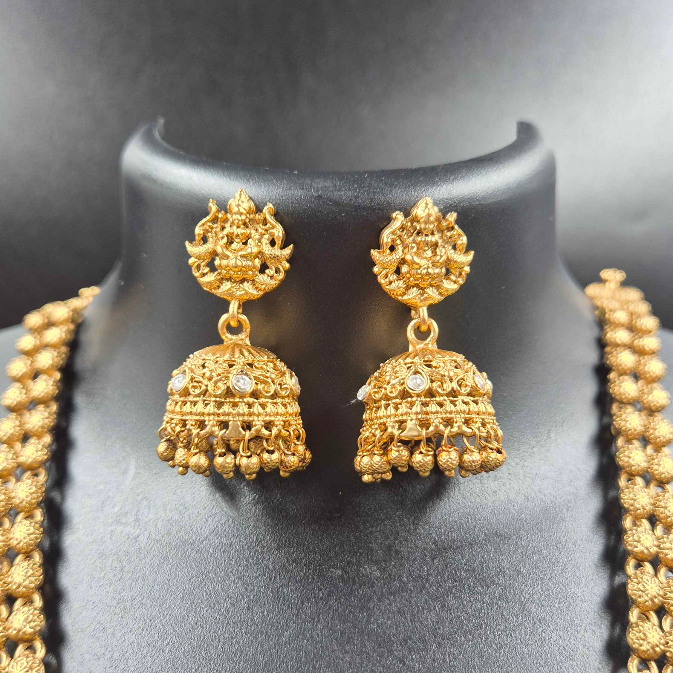 Lakshmi Temple Long Haram with Green Stone Pendant | Traditional Necklace Set with Jhumka Earrings