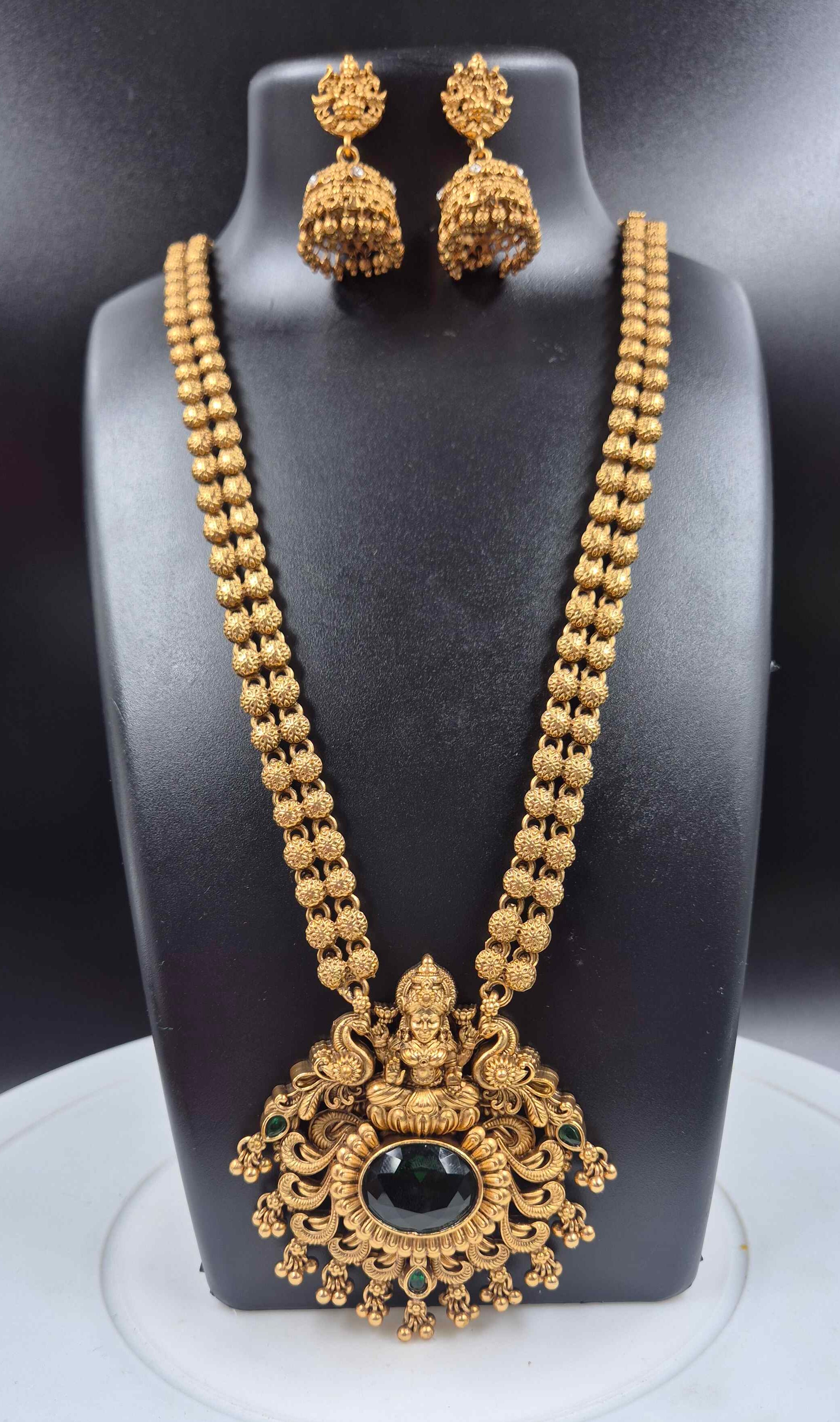 Lakshmi Temple Long Haram with Green Stone Pendant | Traditional Necklace Set with Jhumka Earrings