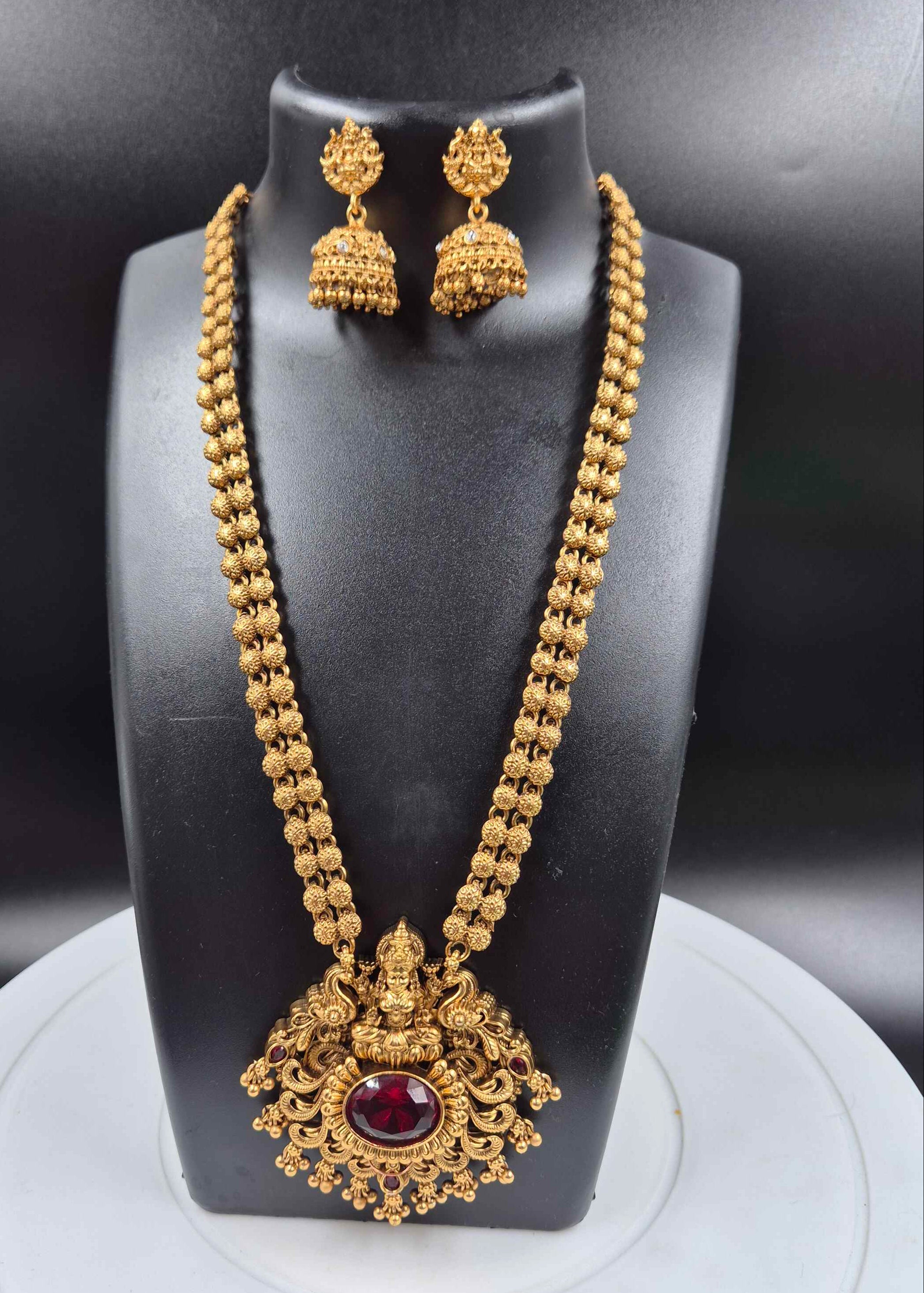 Lakshmi Temple Long Haram with Ruby Red Stone Pendant | Traditional Necklace Set with Jhumka Earrings
