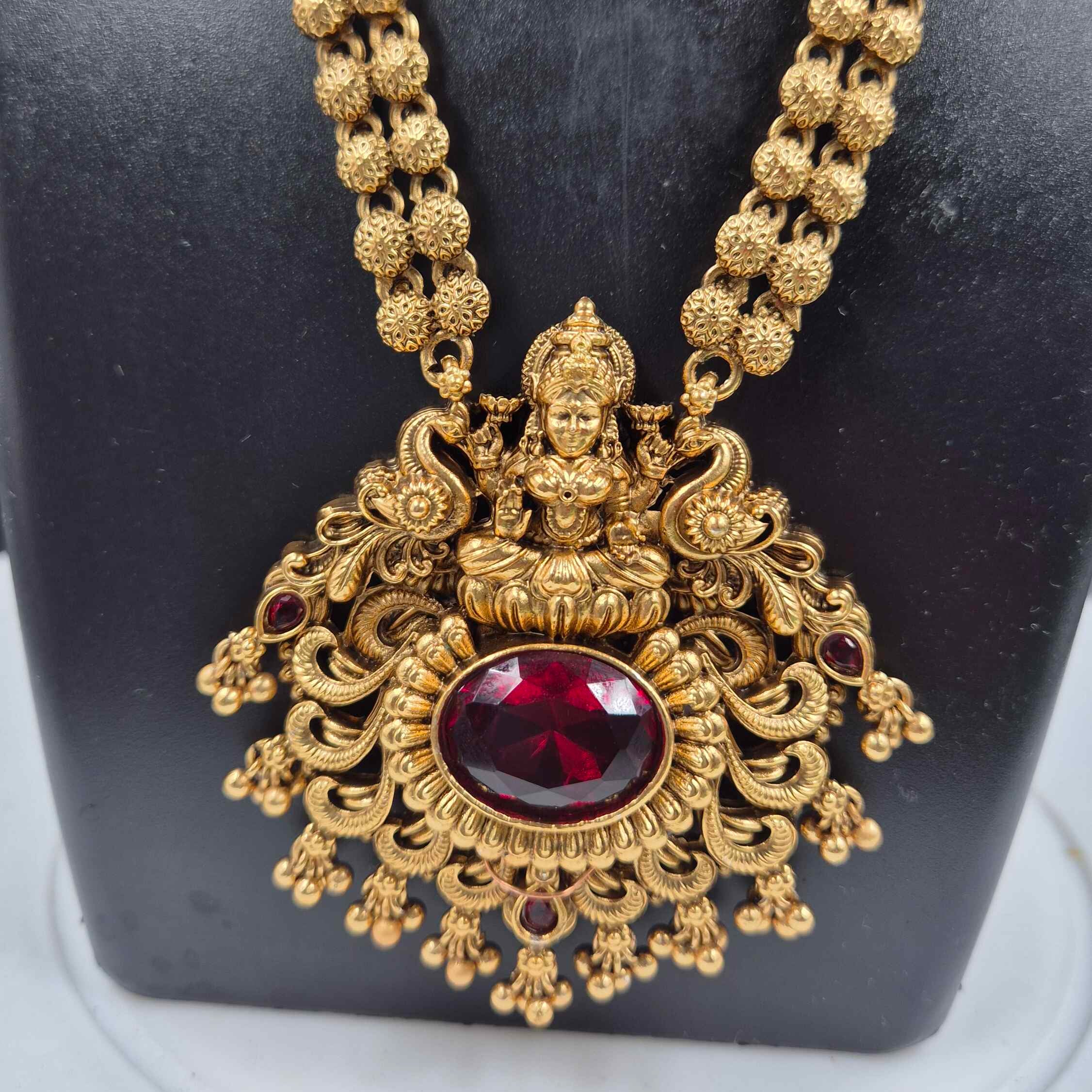 Lakshmi Temple Long Haram with Ruby Red Stone Pendant | Traditional Necklace Set with Jhumka Earrings