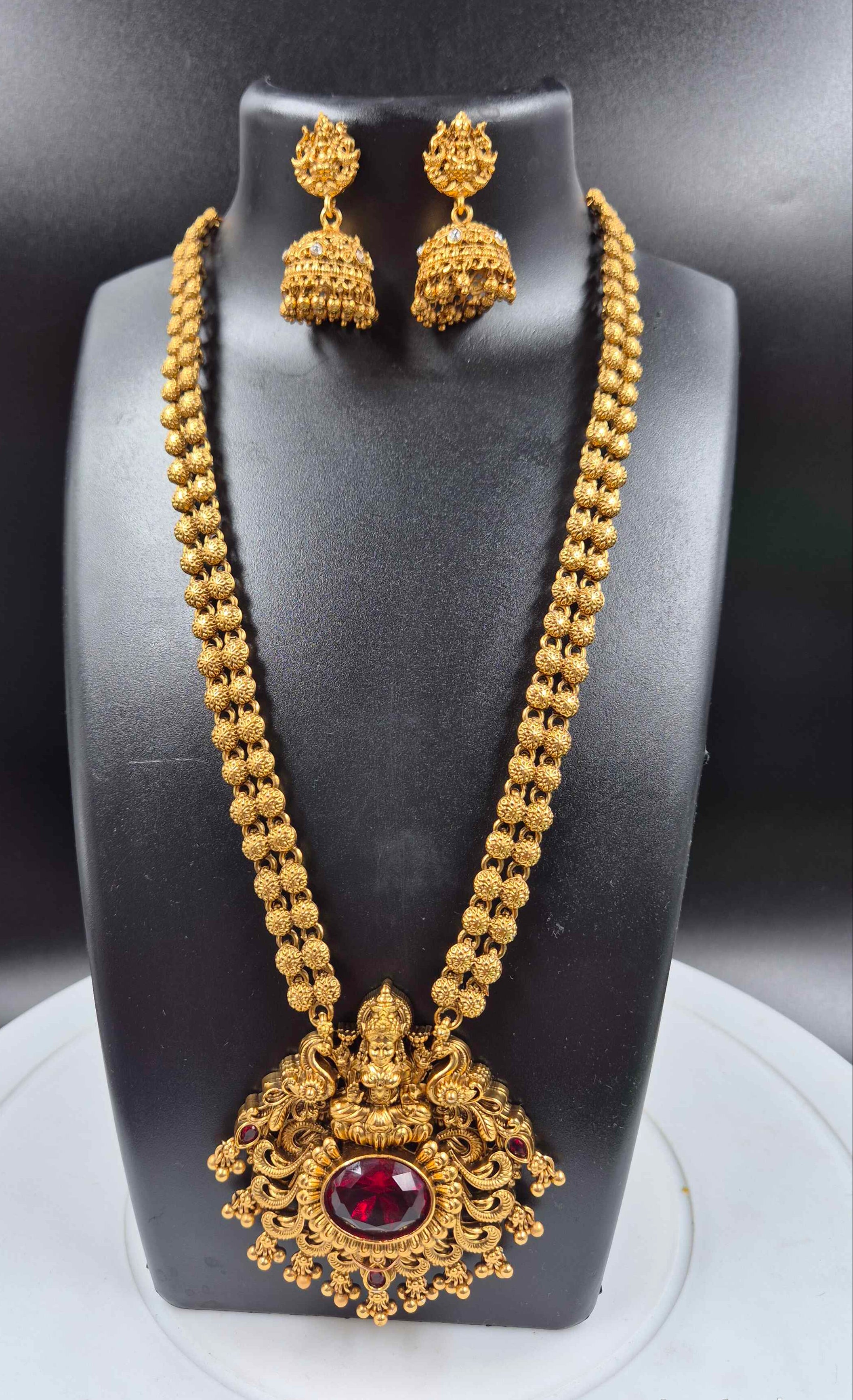 Lakshmi Temple Long Haram with Ruby Red Stone Pendant | Traditional Necklace Set with Jhumka Earrings