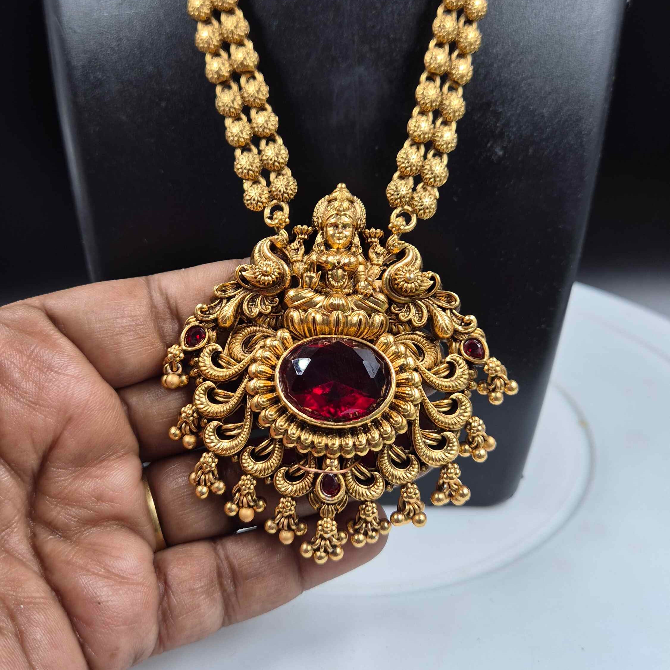 Lakshmi Temple Long Haram with Ruby Red Stone Pendant | Traditional Necklace Set with Jhumka Earrings