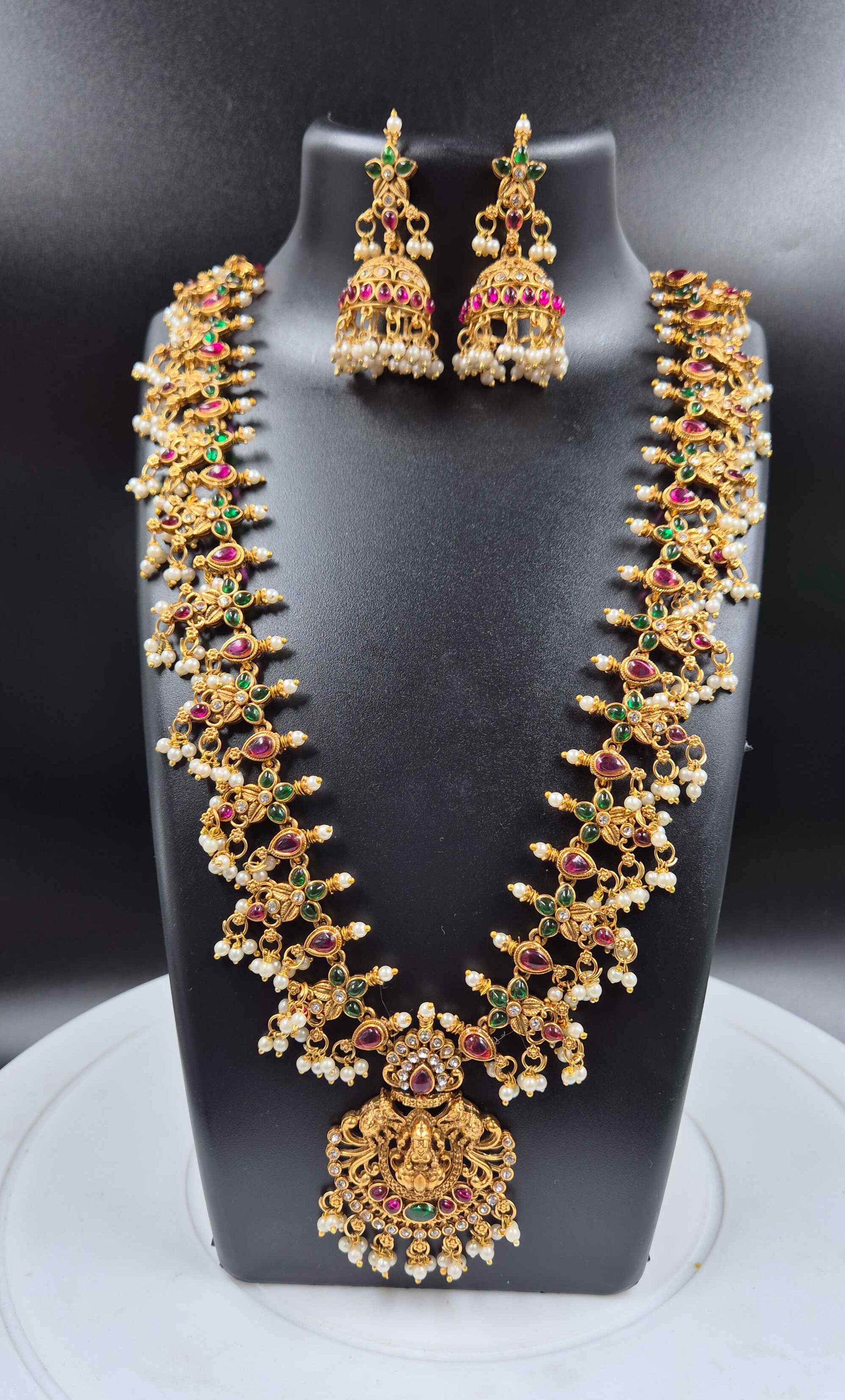 Andhra Style Lakshmi Temple Mango Mala Necklace Set with Pearls