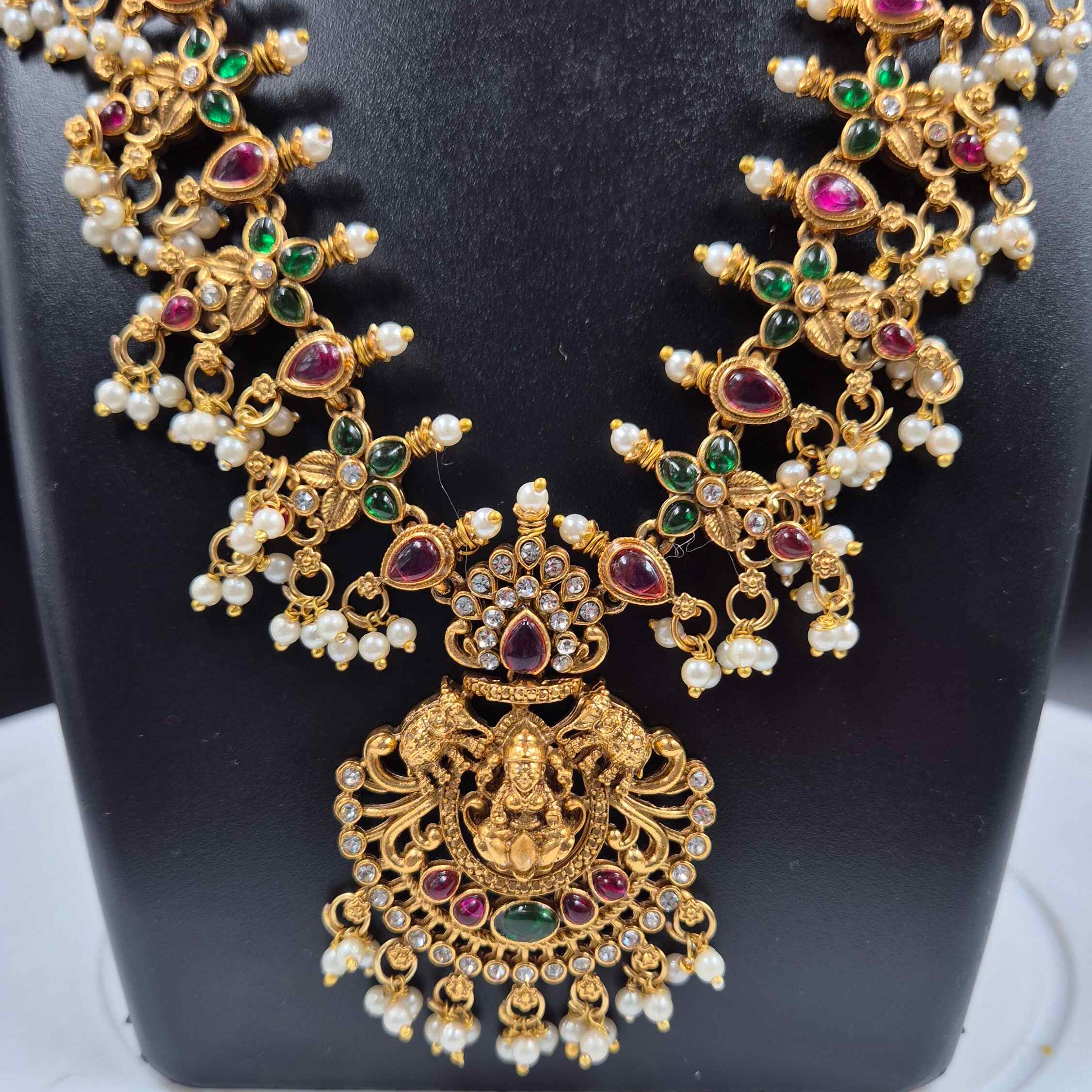 Andhra Style Lakshmi Temple Mango Mala Necklace Set with Pearls