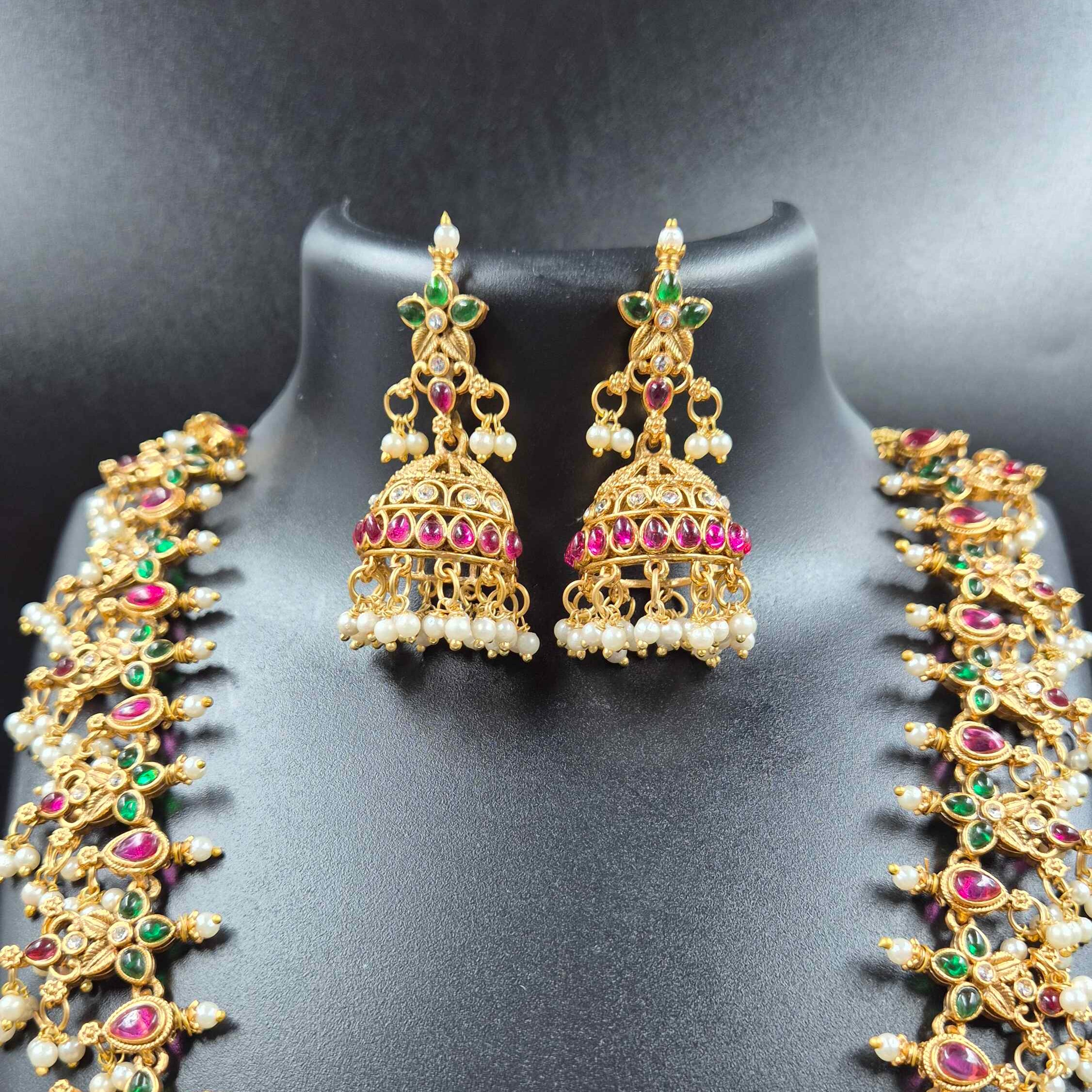 Andhra Style Lakshmi Temple Mango Mala Necklace Set with Pearls