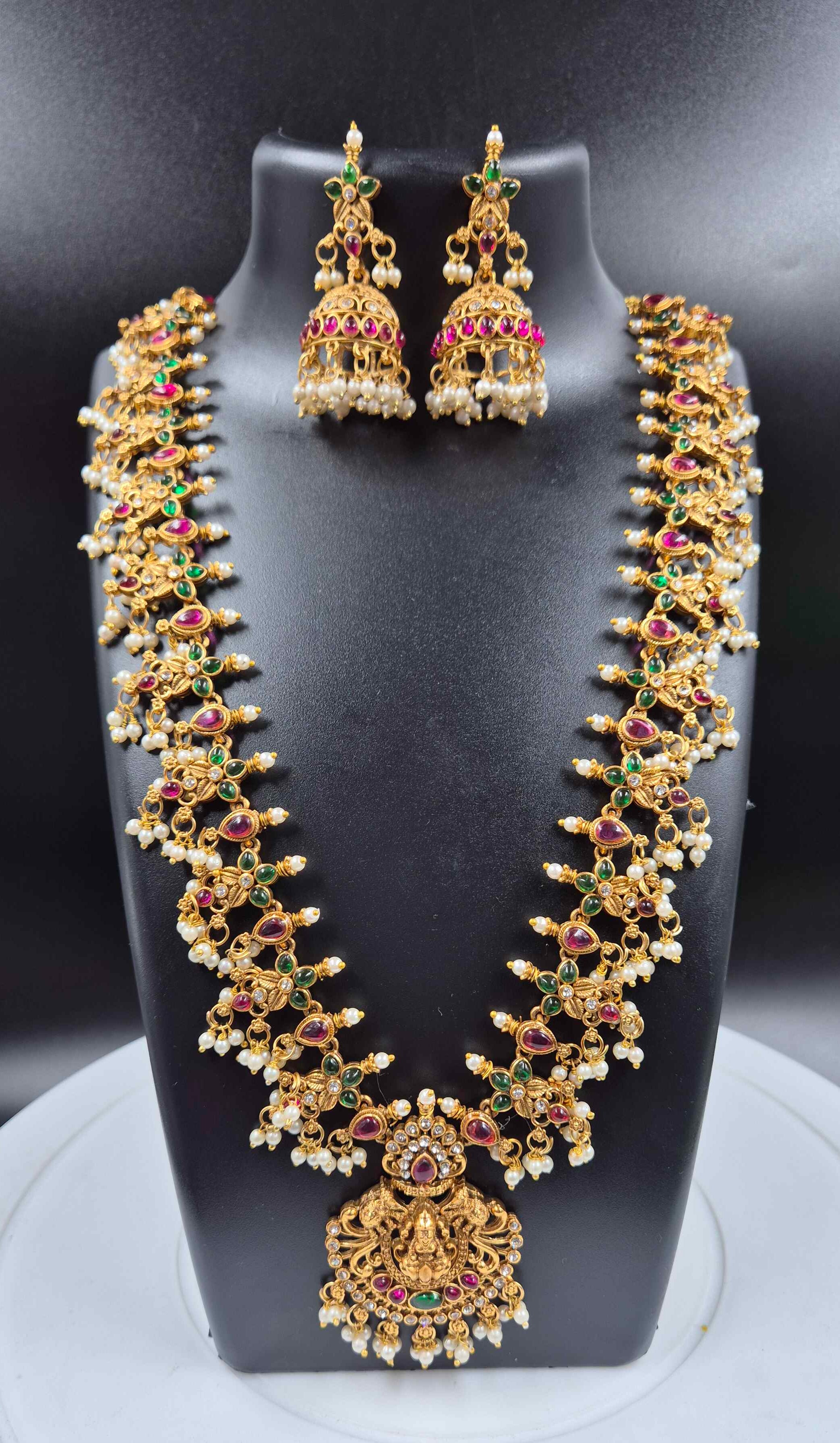 Andhra Style Lakshmi Temple Mango Mala Necklace Set with Pearls