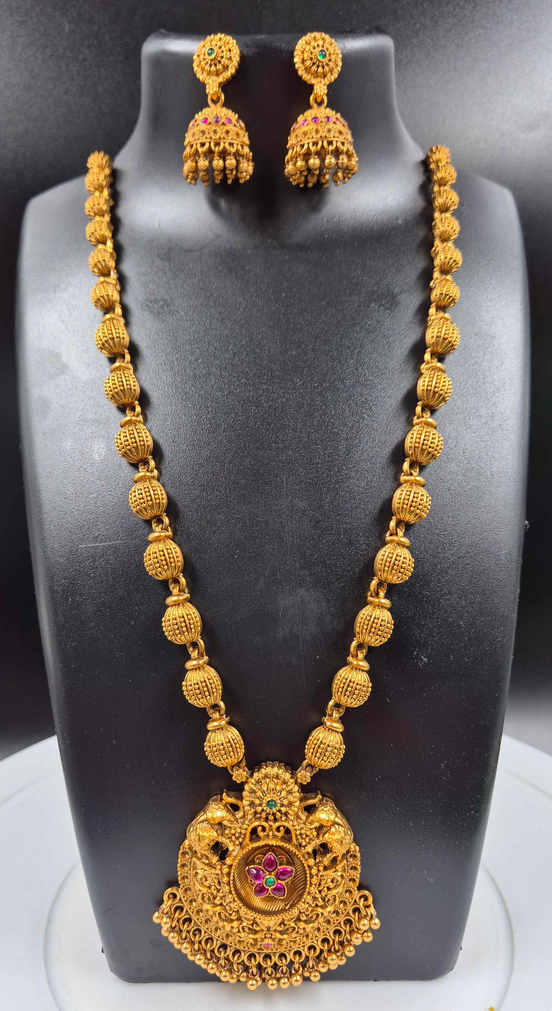 Long Haram with Floral Pendant | Traditional South Indian Necklace Set with Jhumka Earrings