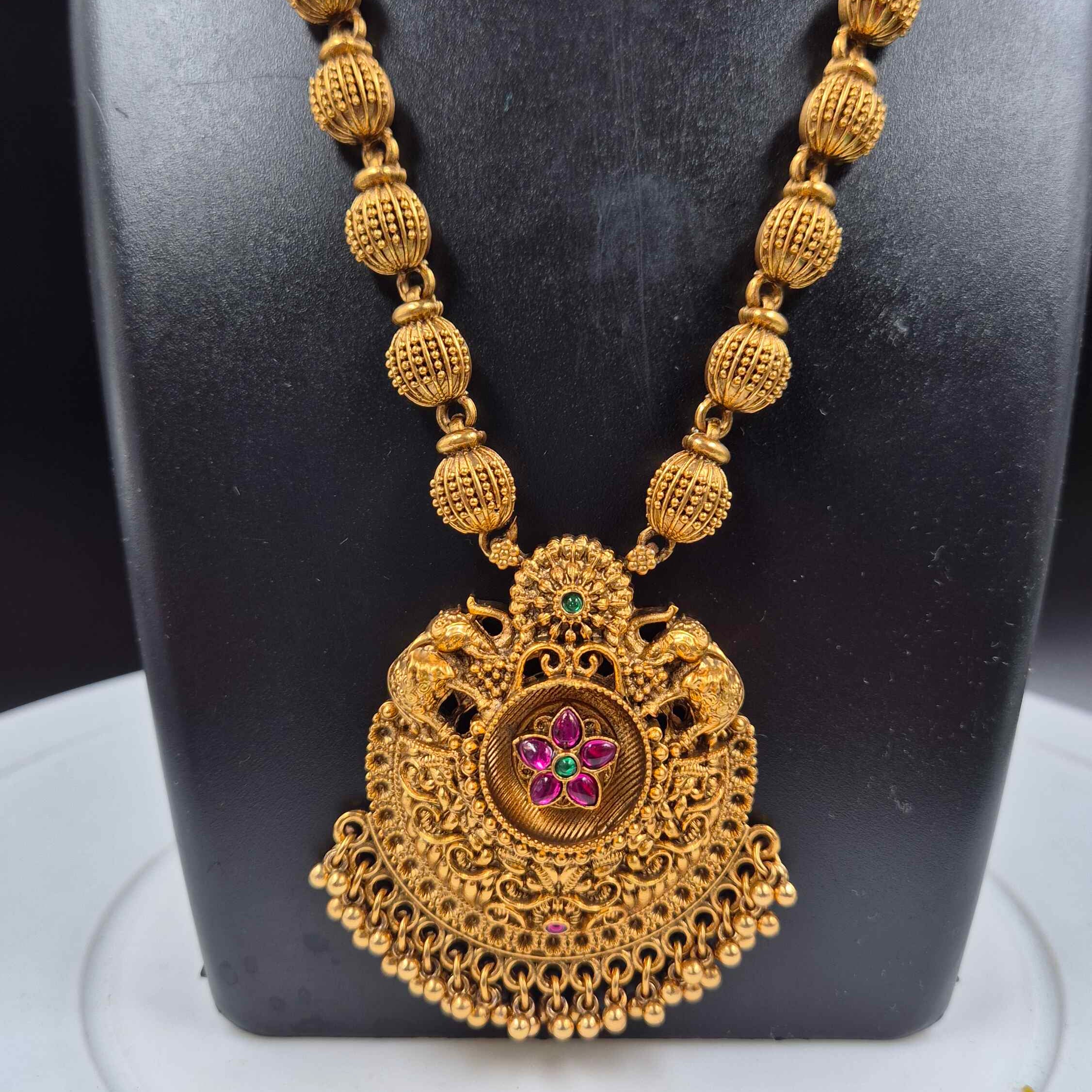Long Haram with Floral Pendant | Traditional South Indian Necklace Set with Jhumka Earrings