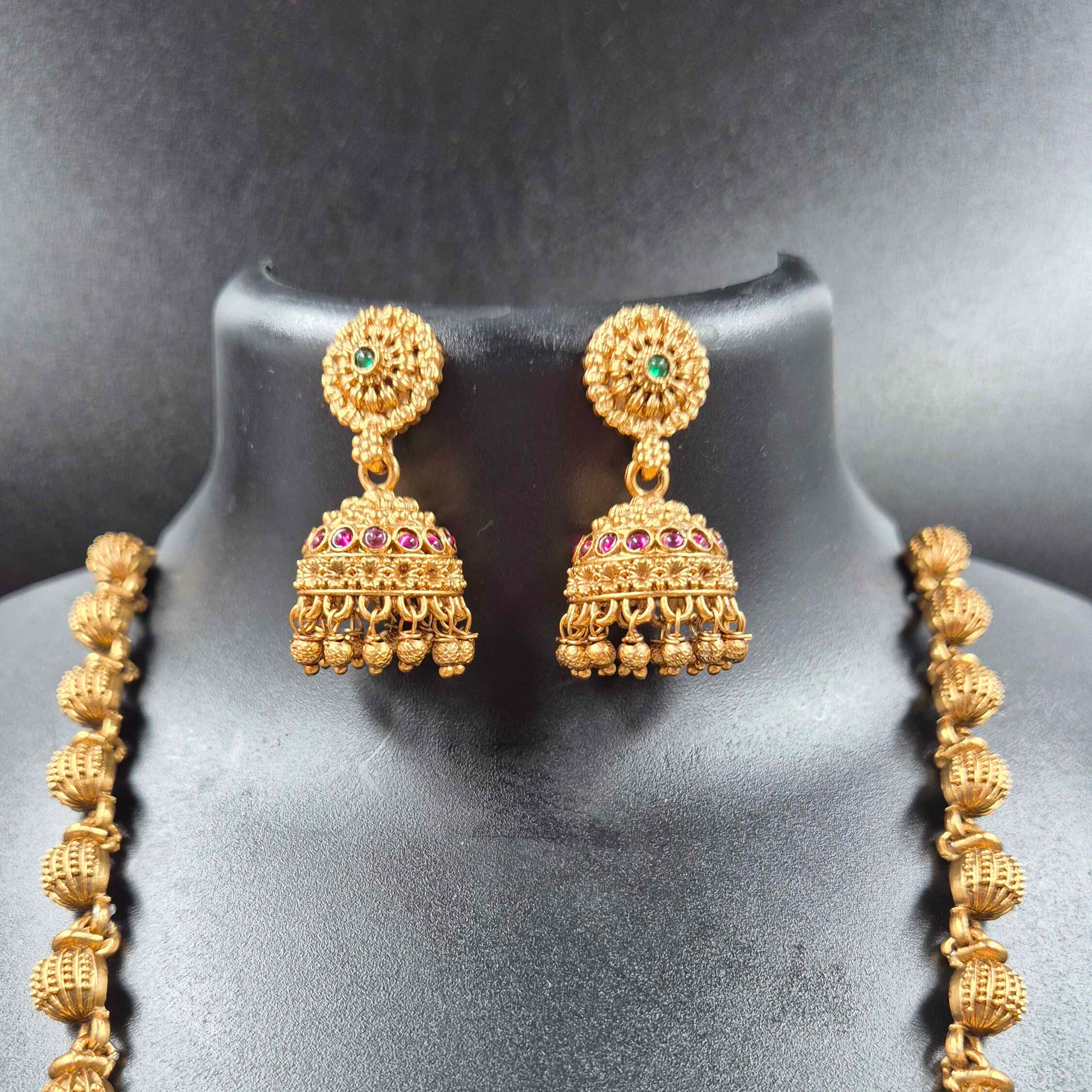 Long Haram with Floral Pendant | Traditional South Indian Necklace Set with Jhumka Earrings