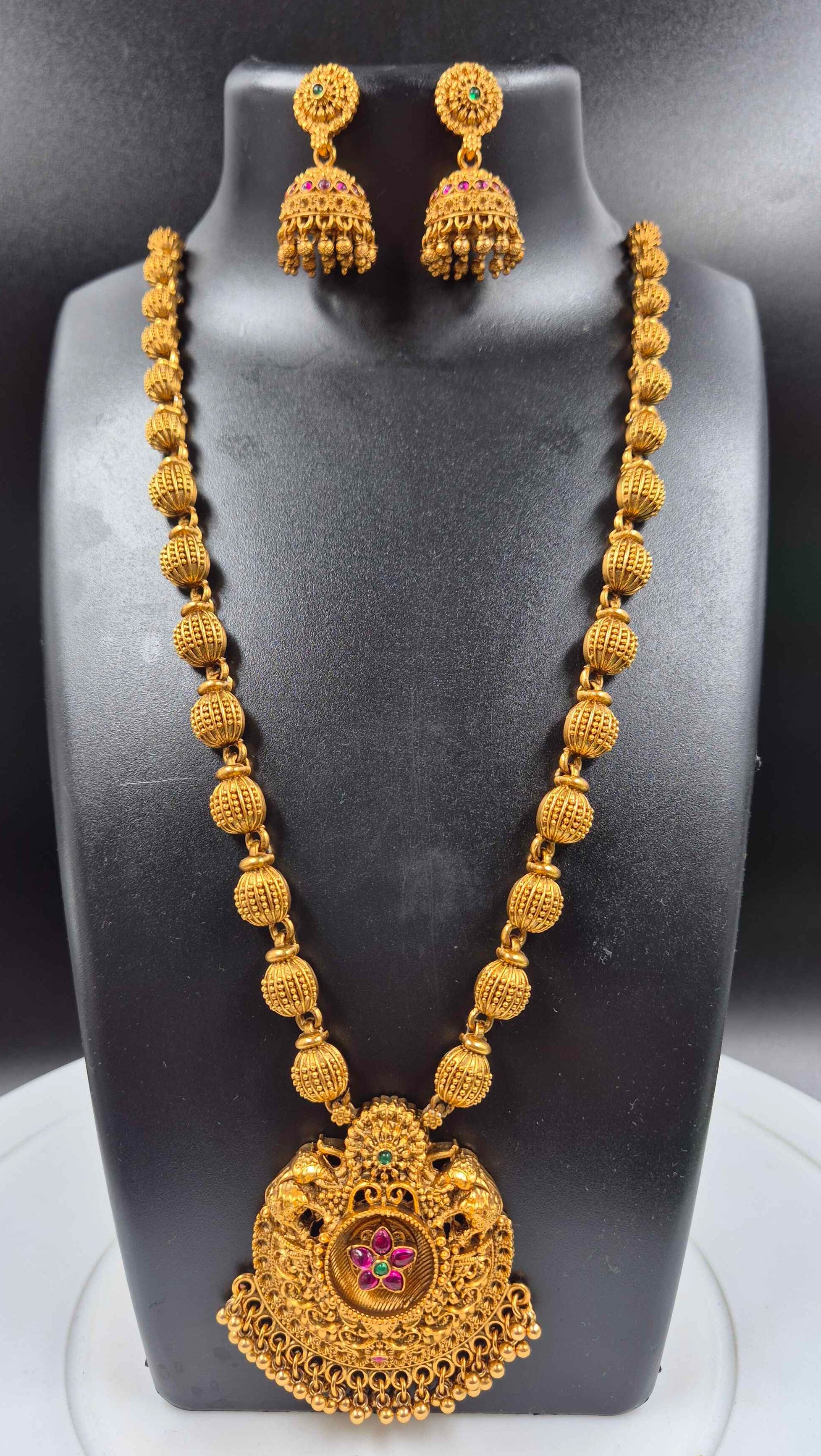 Long Haram with Floral Pendant | Traditional South Indian Necklace Set with Jhumka Earrings