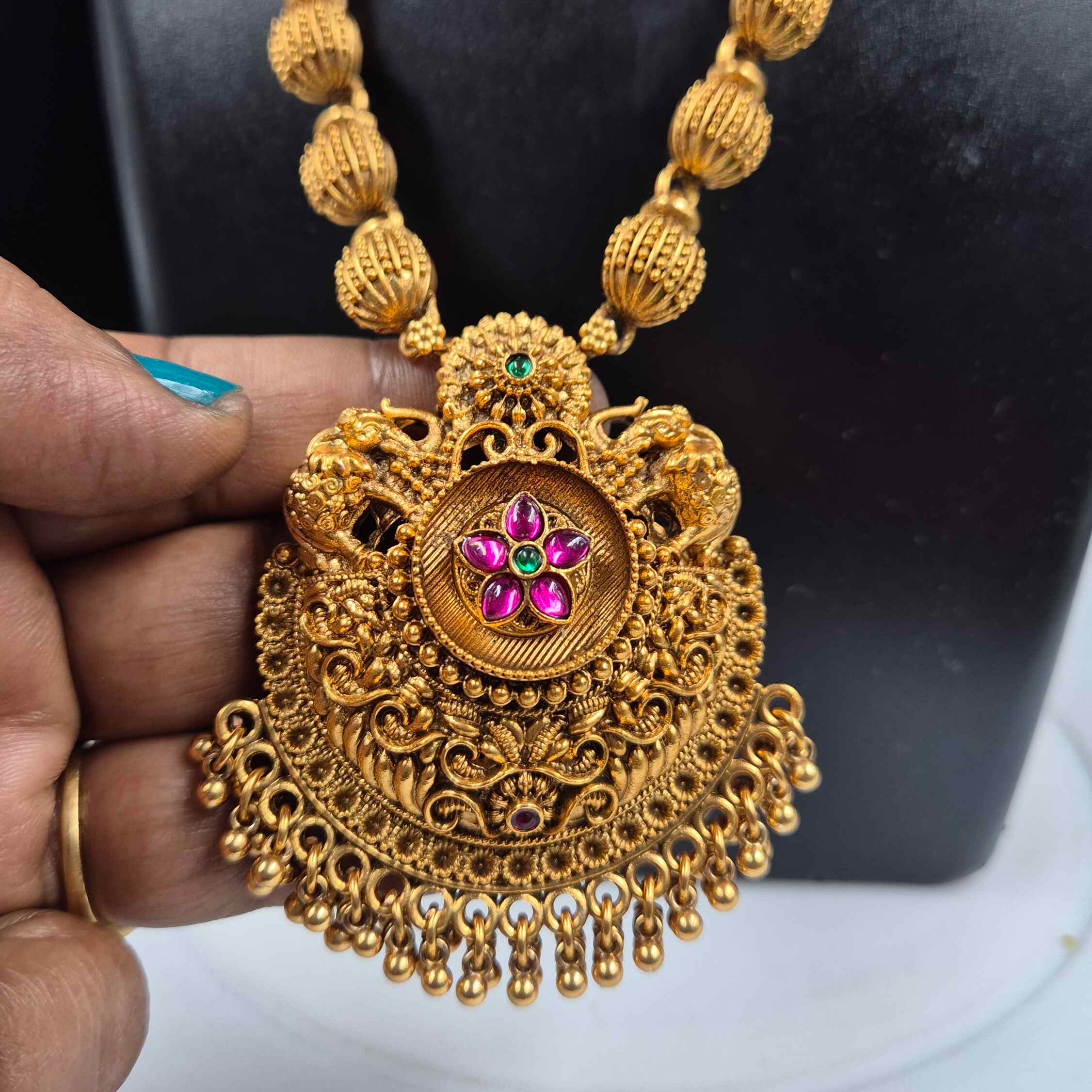 Long Haram with Floral Pendant | Traditional South Indian Necklace Set with Jhumka Earrings