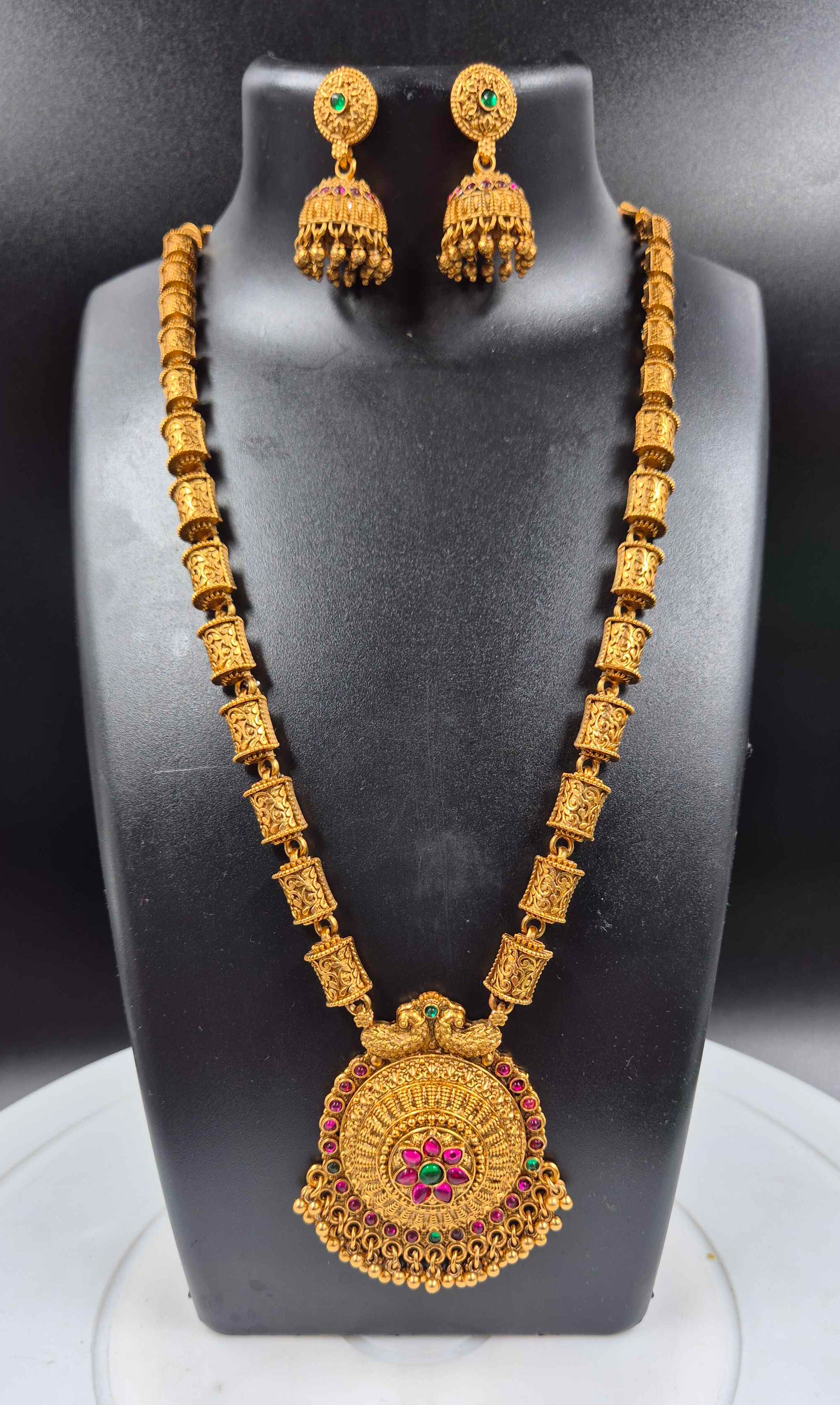 Long Haram with Circular Floral Pendant | Traditional South Indian Necklace Set with Jhumka Earrings