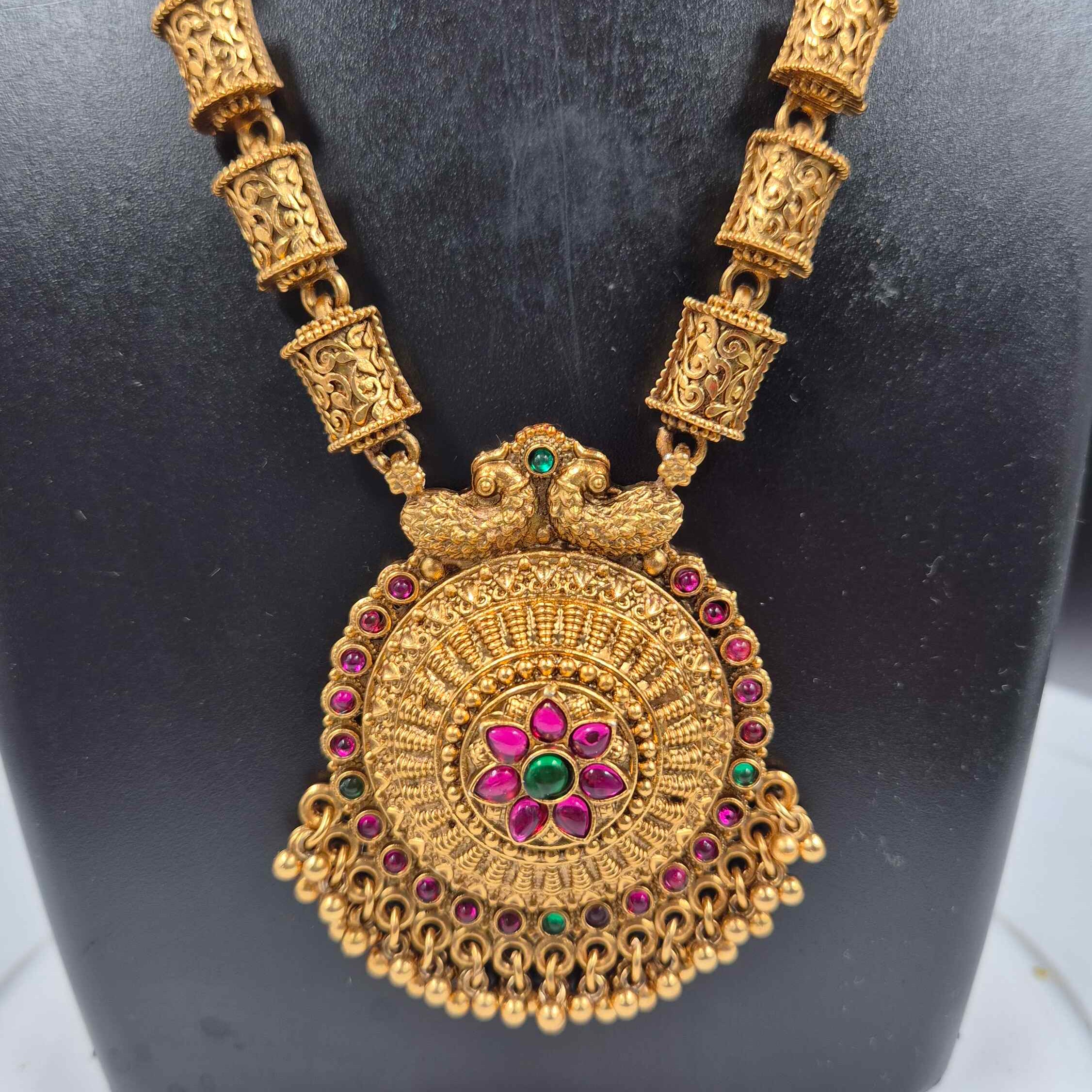 Long Haram with Circular Floral Pendant | Traditional South Indian Necklace Set with Jhumka Earrings