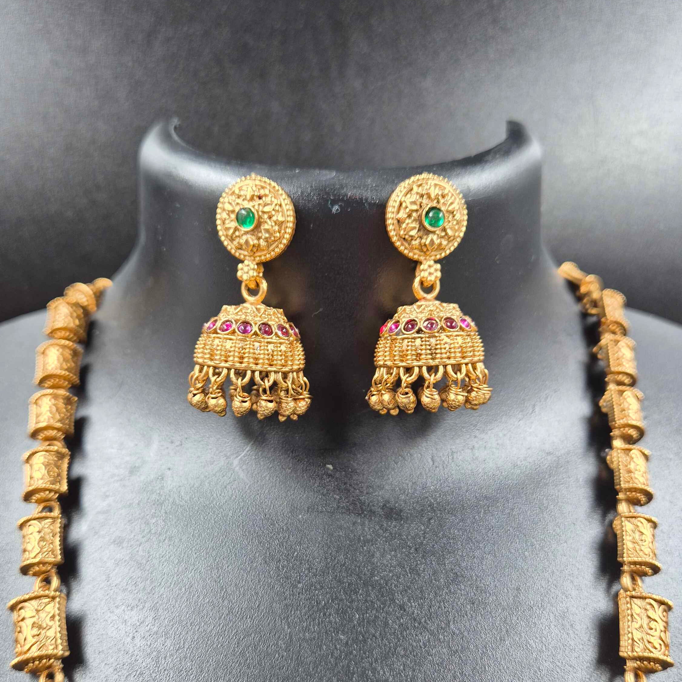 Long Haram with Circular Floral Pendant | Traditional South Indian Necklace Set with Jhumka Earrings