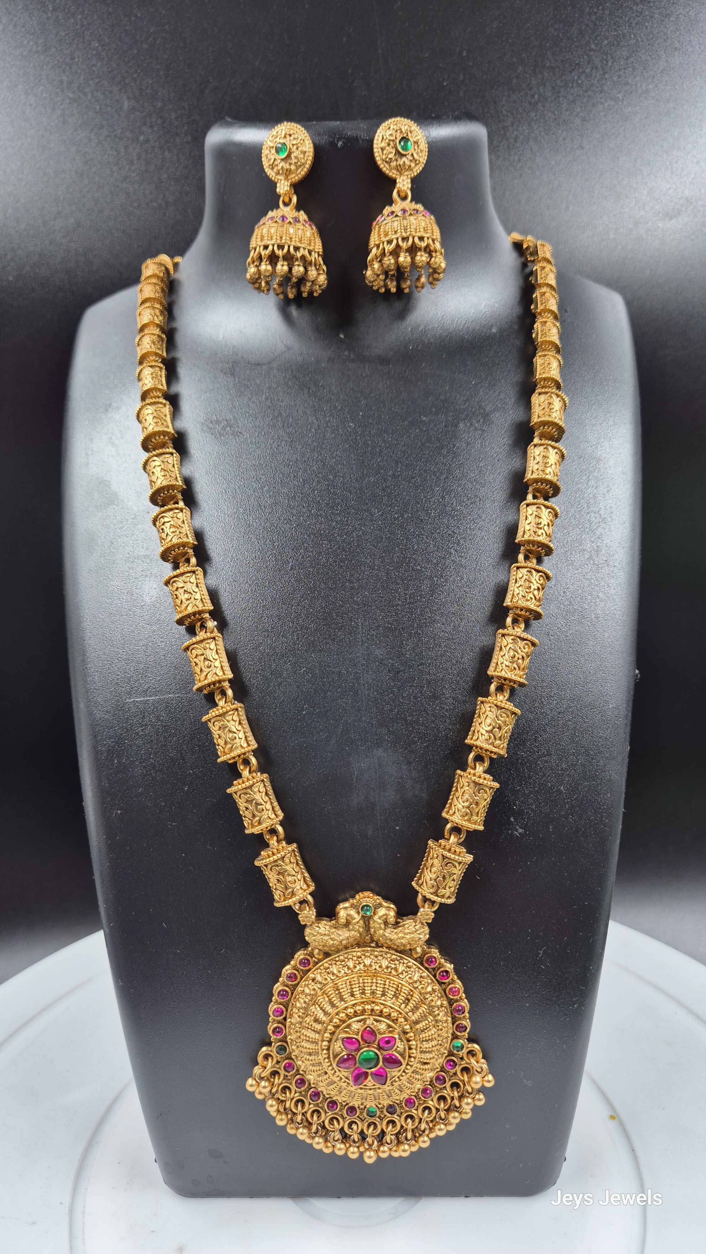 Long Haram with Circular Floral Pendant | Traditional South Indian Necklace Set with Jhumka Earrings