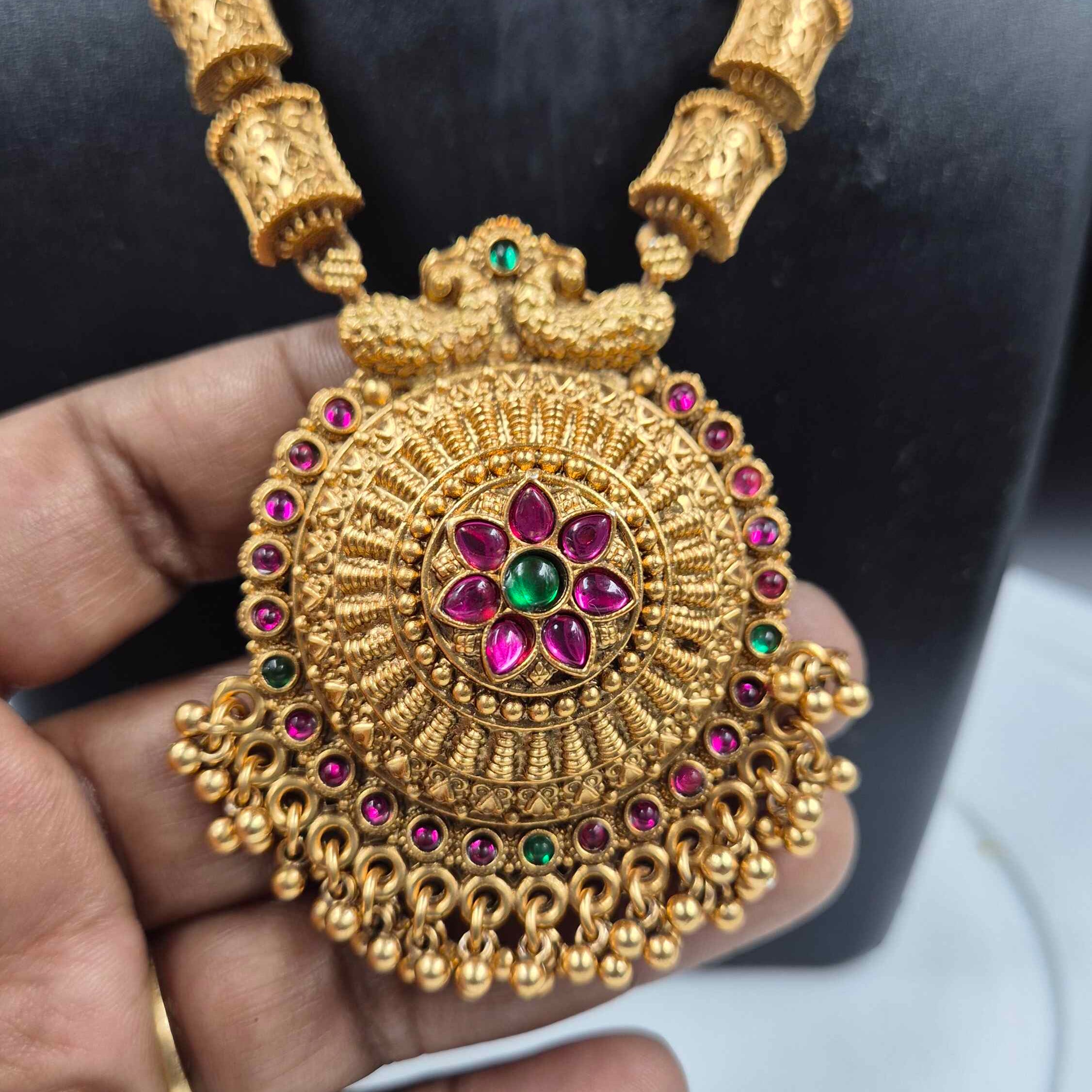 Long Haram with Circular Floral Pendant | Traditional South Indian Necklace Set with Jhumka Earrings