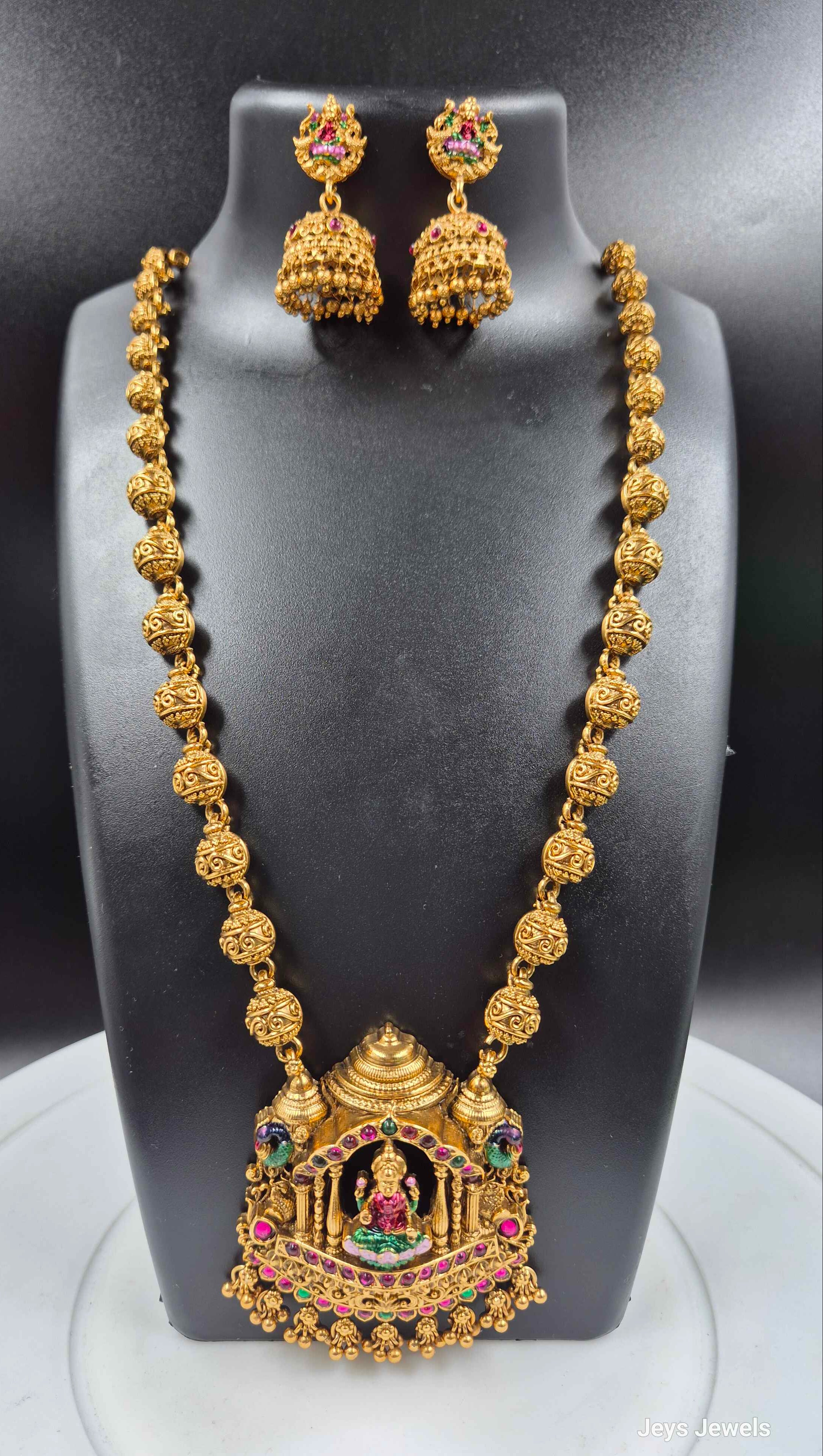 Lakshmi Temple Long Haram with Gopuram Pendant | South Indian Bridal Necklace Set with Jhumka Earrings