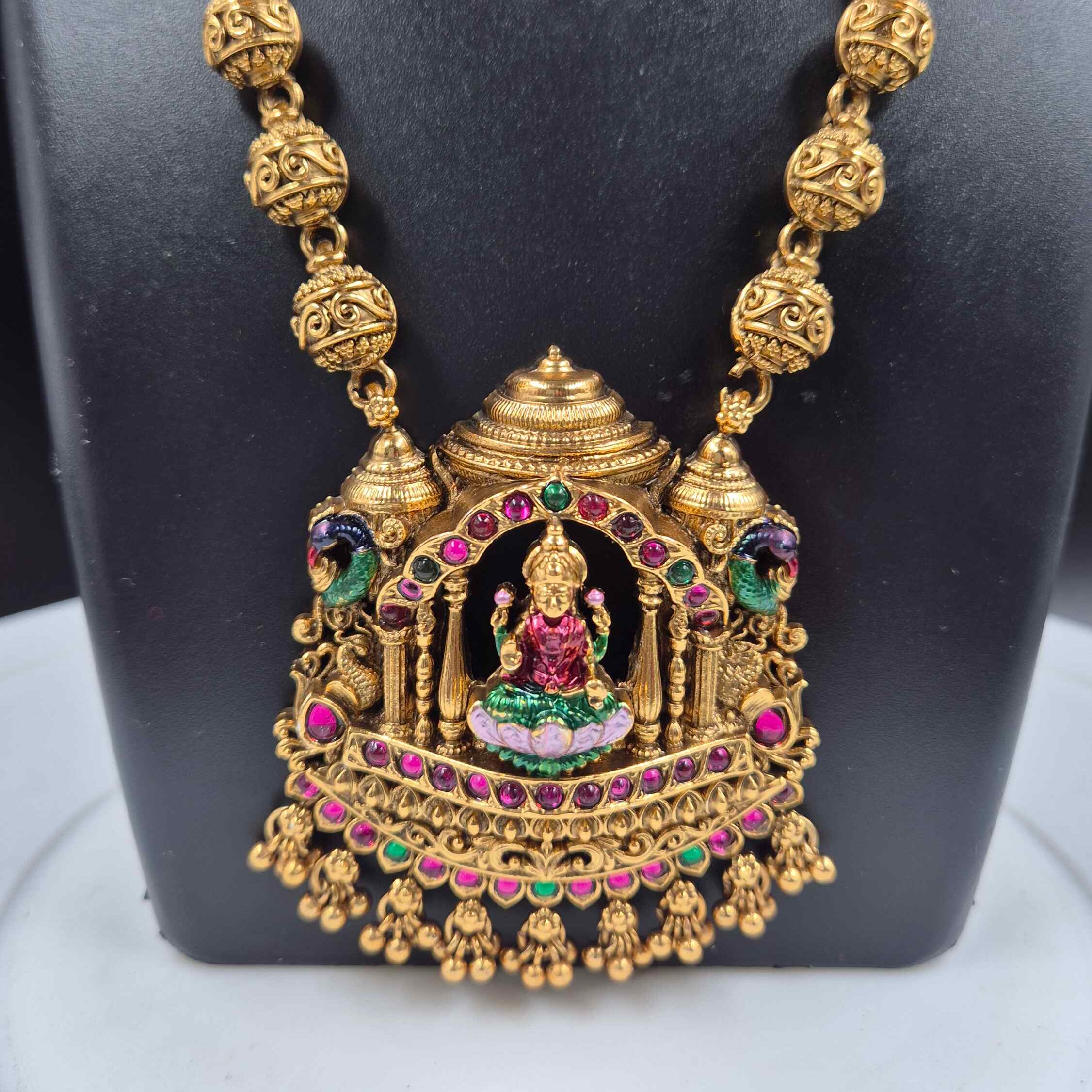 Lakshmi Temple Long Haram with Gopuram Pendant | South Indian Bridal Necklace Set with Jhumka Earrings