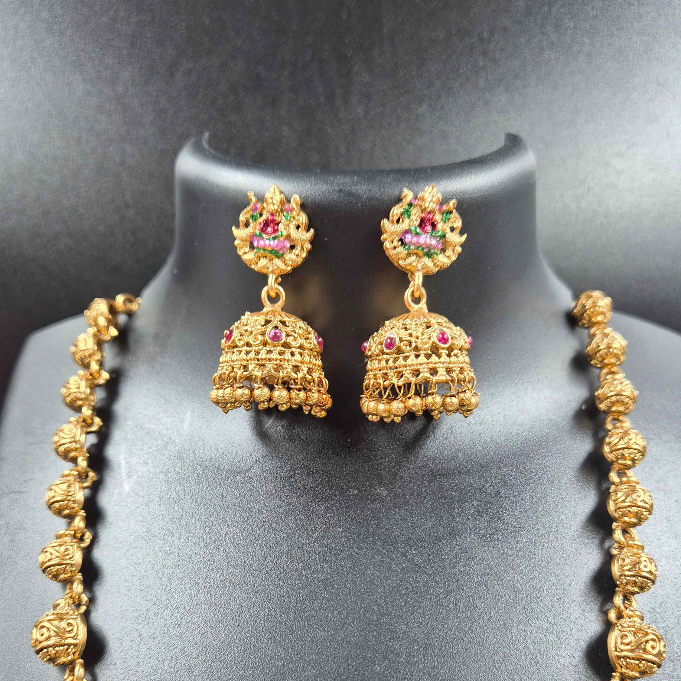 Lakshmi Temple Long Haram with Gopuram Pendant | South Indian Bridal Necklace Set with Jhumka Earrings