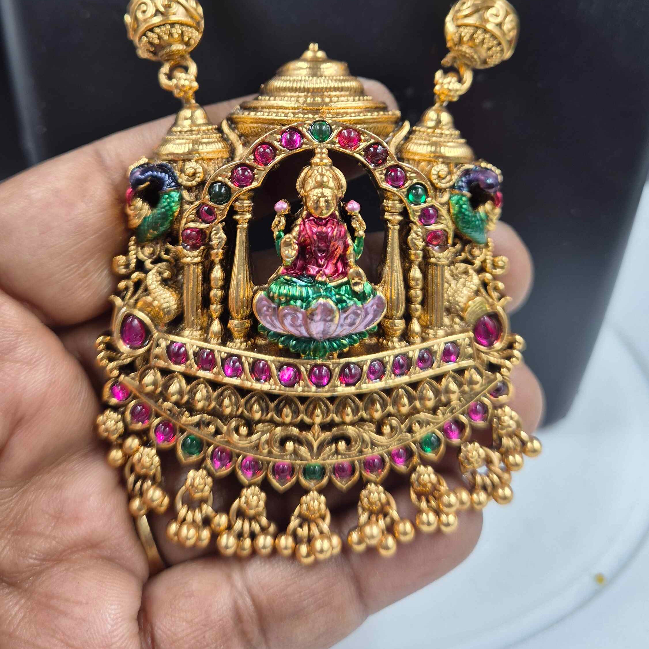 Lakshmi Temple Long Haram with Gopuram Pendant | South Indian Bridal Necklace Set with Jhumka Earrings