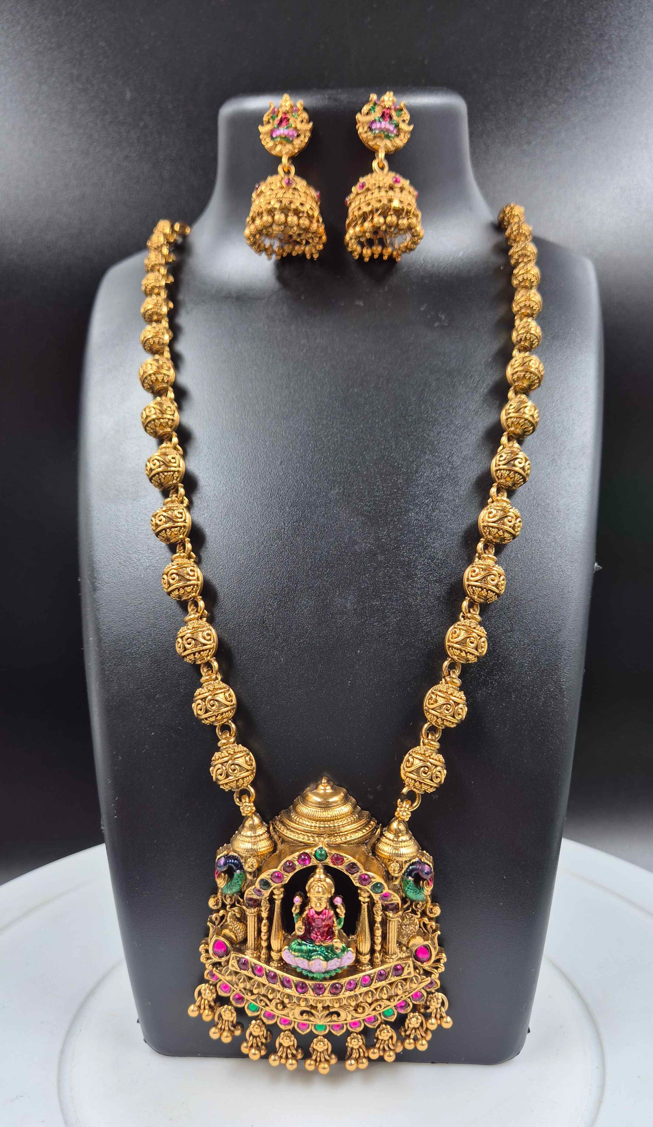 Lakshmi Temple Long Haram with Gopuram Pendant | South Indian Bridal Necklace Set with Jhumka Earrings