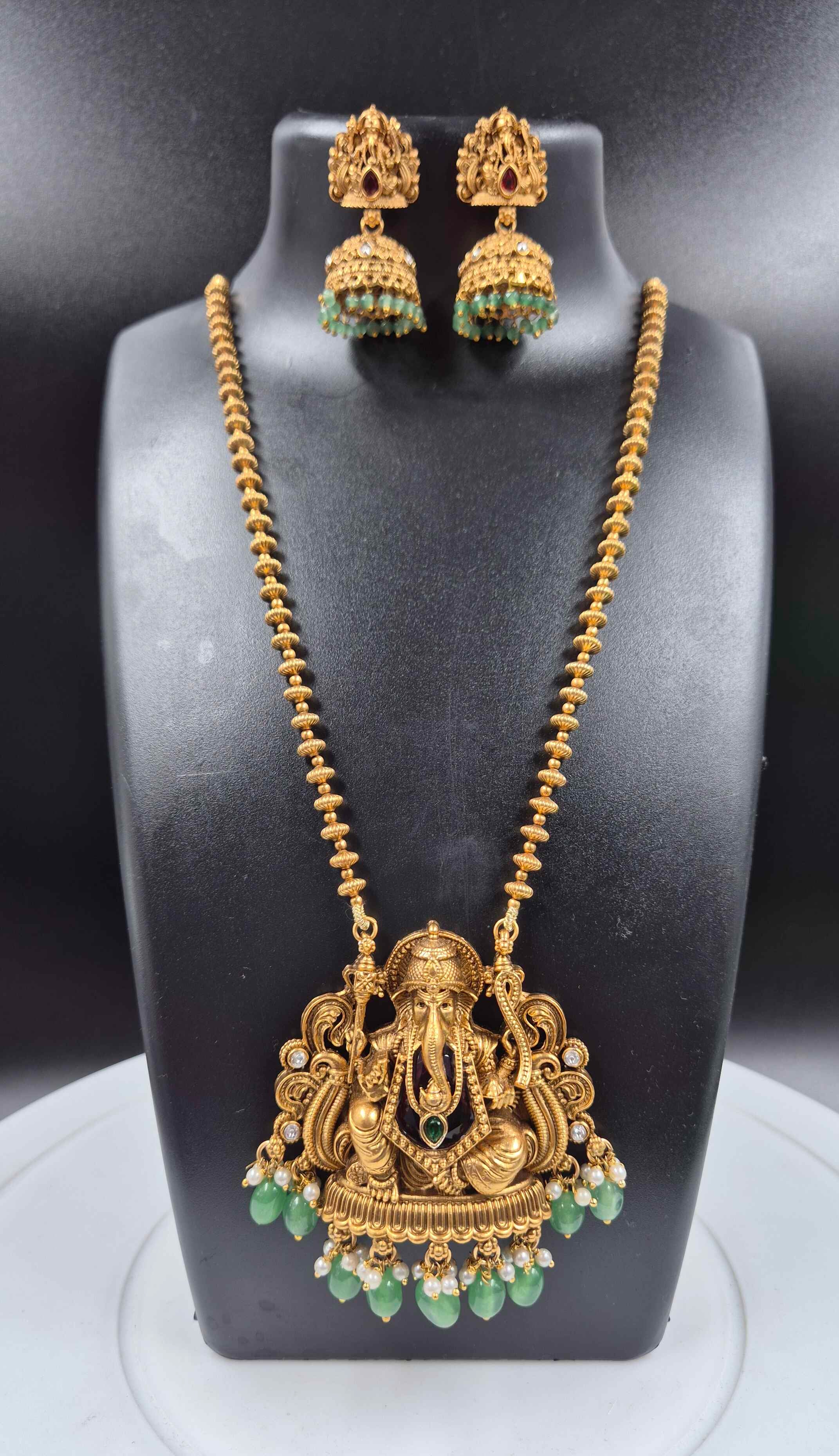 Lord Ganesha Temple Long Haram with Green Bead Drops