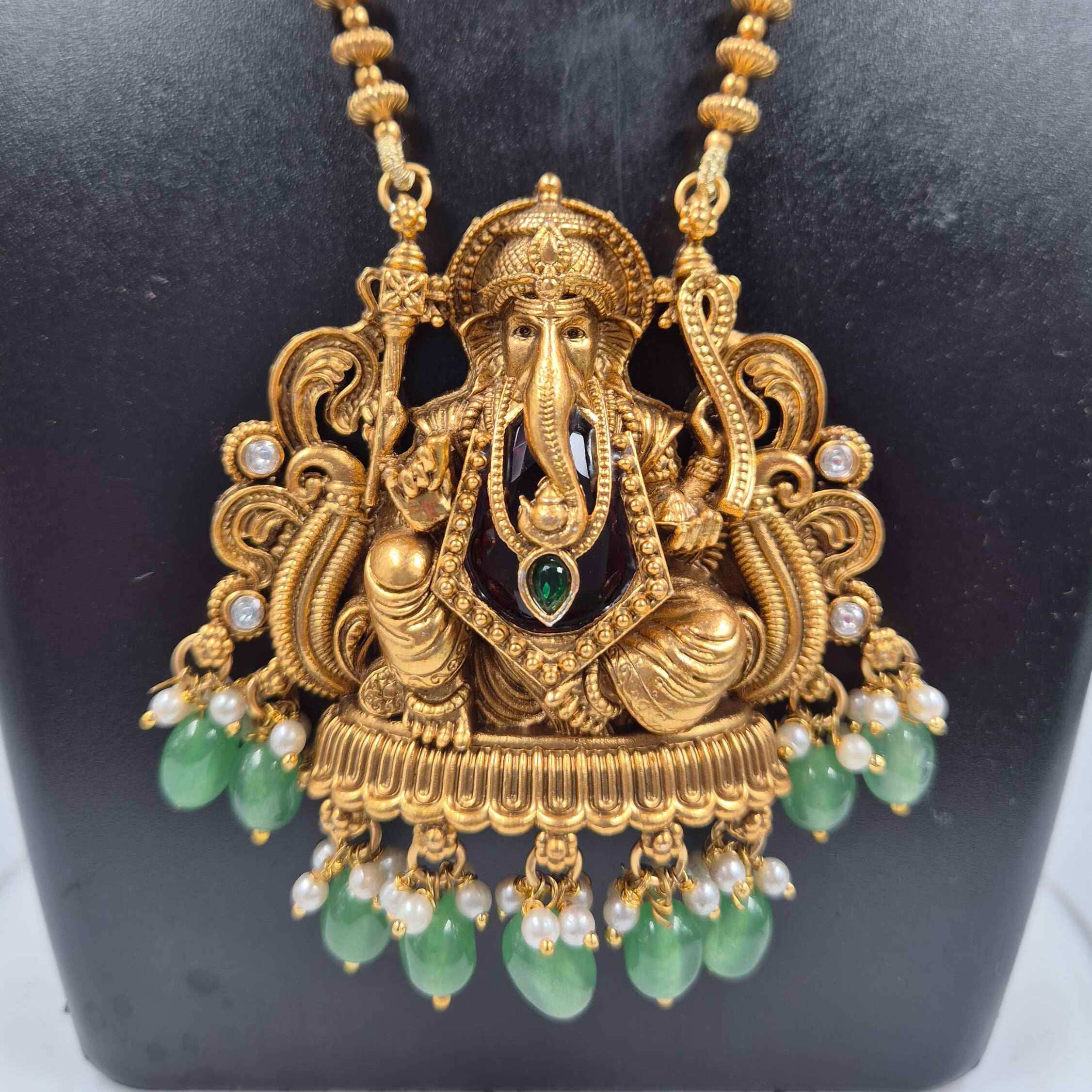 Lord Ganesha Temple Long Haram with Green Bead Drops