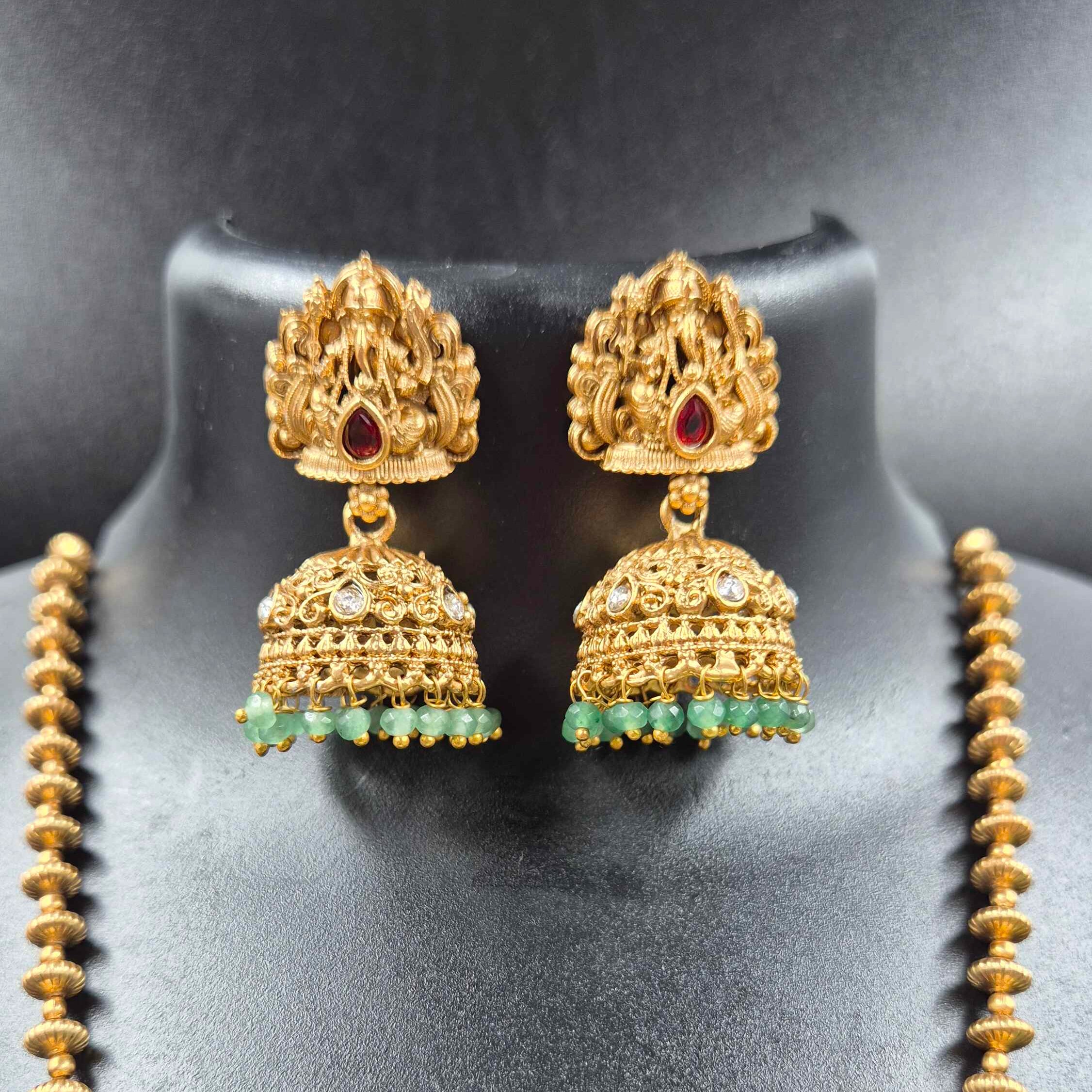Lord Ganesha Temple Long Haram with Green Bead Drops