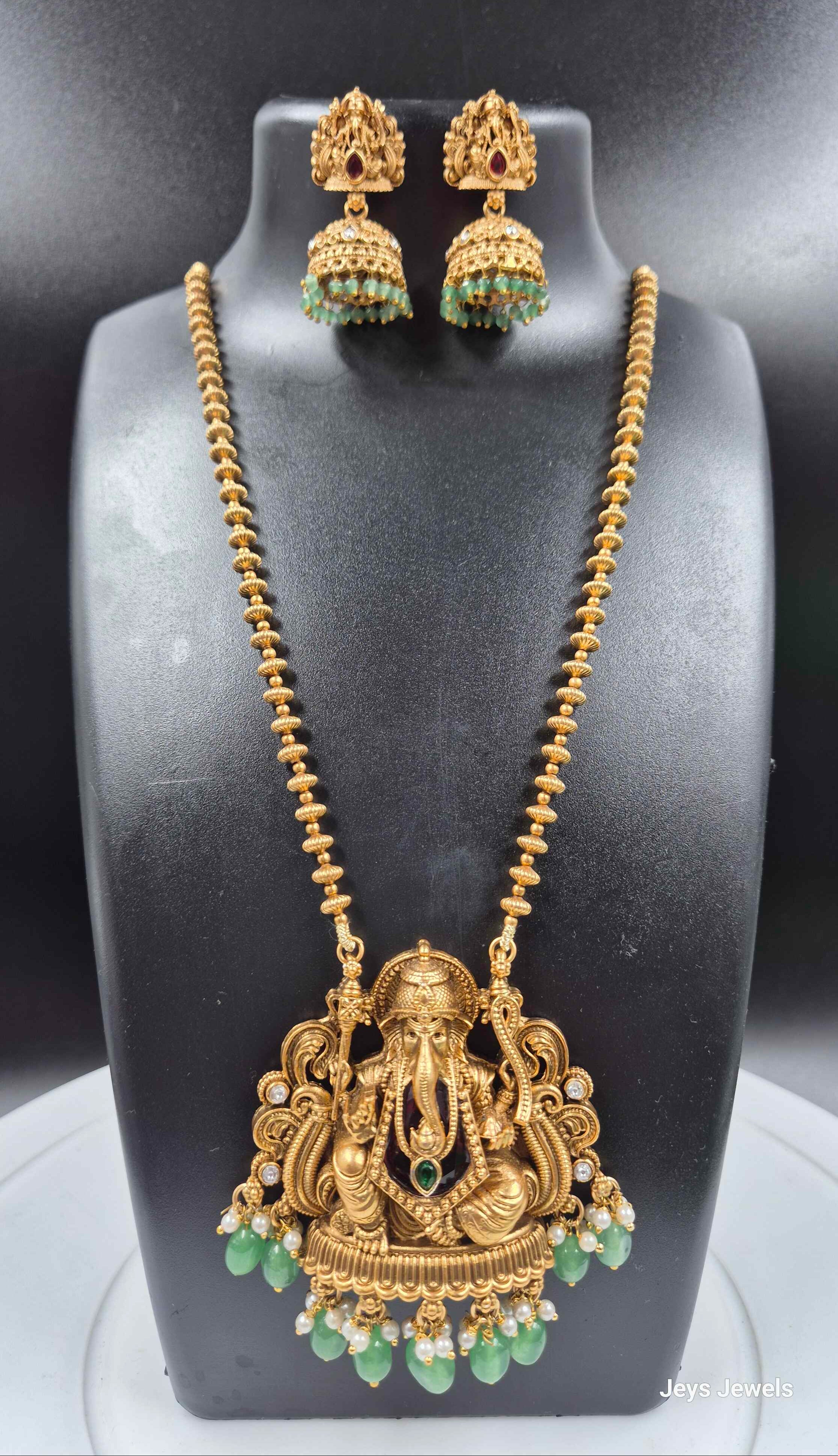 Lord Ganesha Temple Long Haram with Green Bead Drops