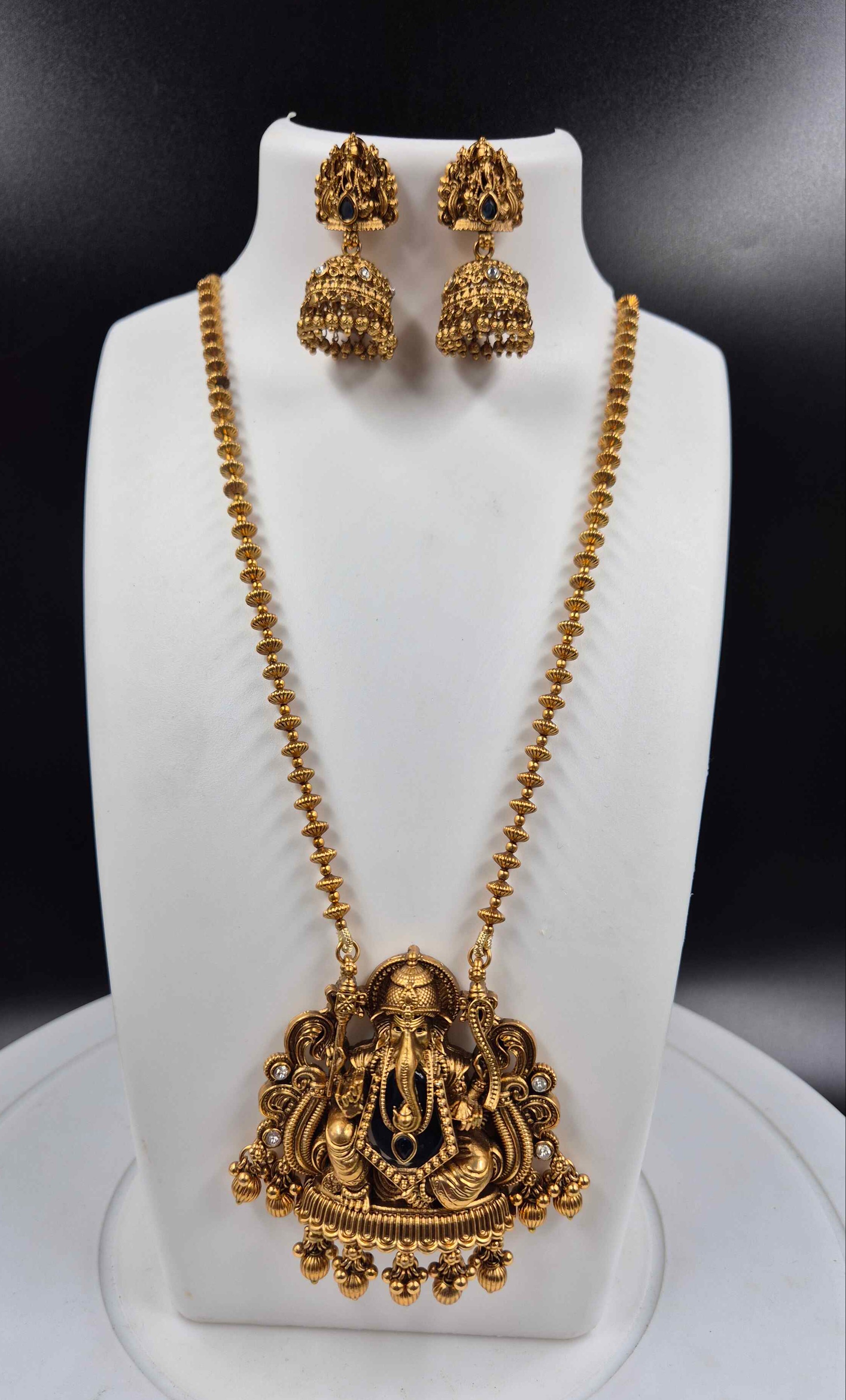 Antique Gold Lord Ganesha Temple Long Haram | Traditional South Indian Necklace Set with Jhumka Earrings