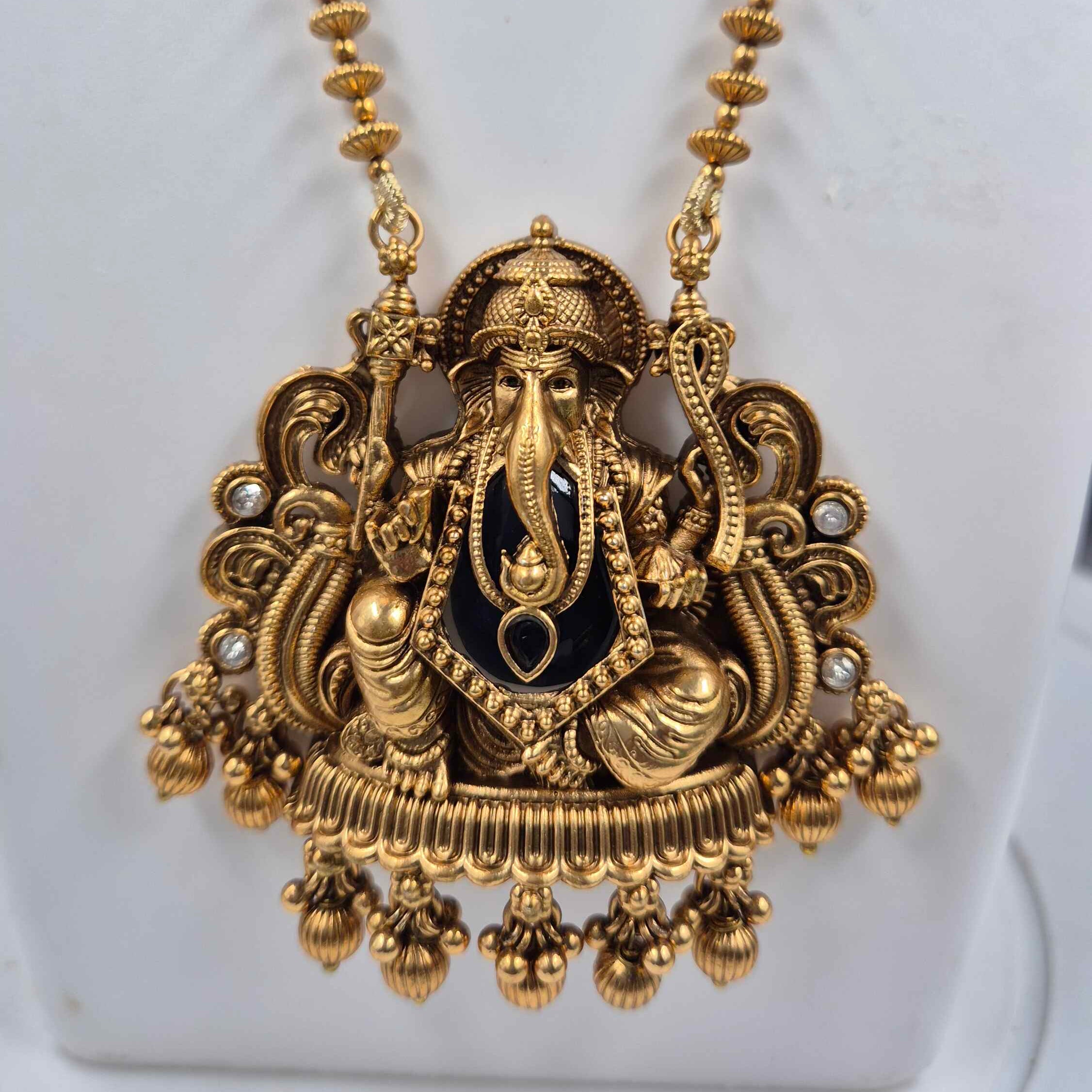 Antique Gold Lord Ganesha Temple Long Haram | Traditional South Indian Necklace Set with Jhumka Earrings