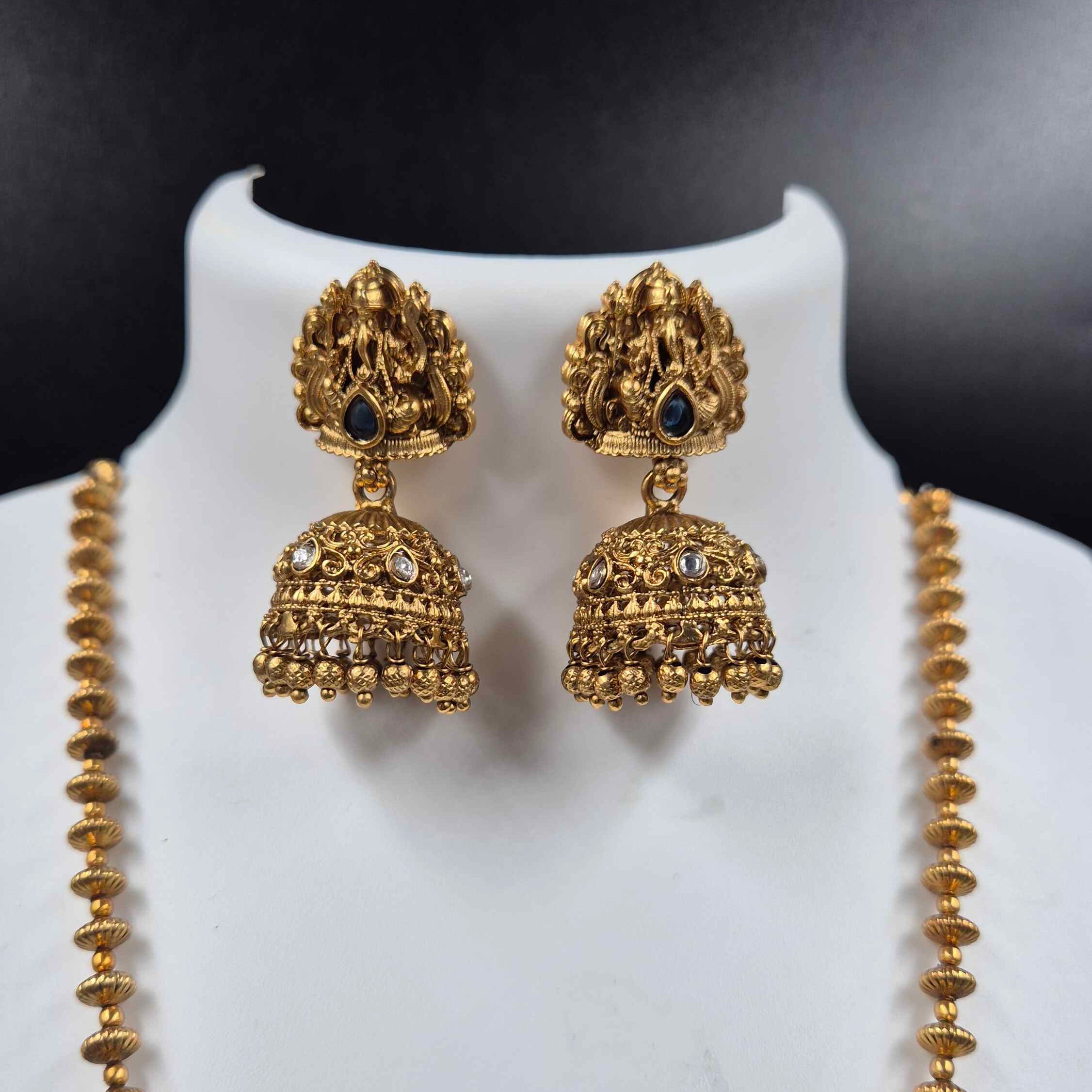 Antique Gold Lord Ganesha Temple Long Haram | Traditional South Indian Necklace Set with Jhumka Earrings