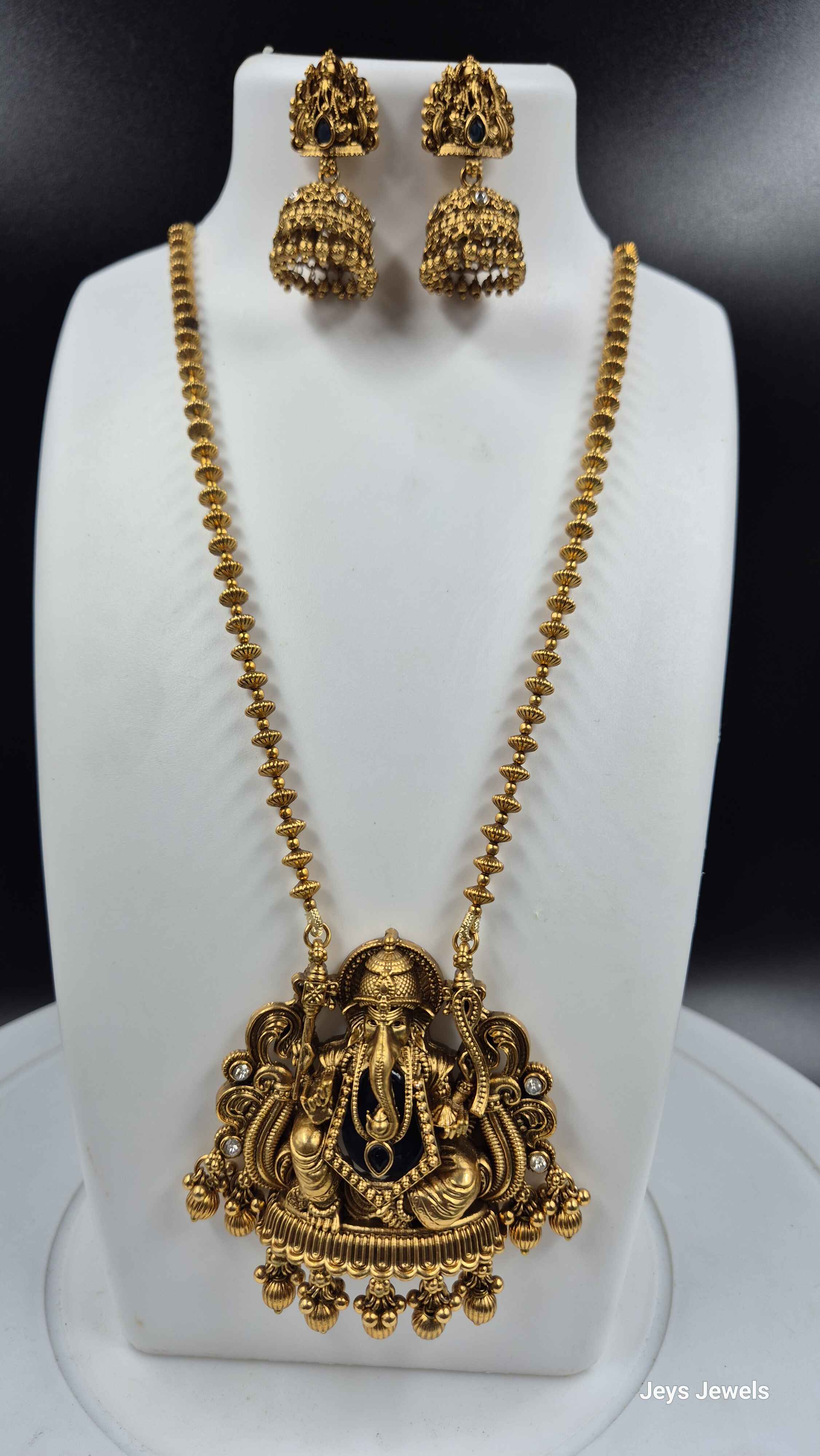Antique Gold Lord Ganesha Temple Long Haram | Traditional South Indian Necklace Set with Jhumka Earrings